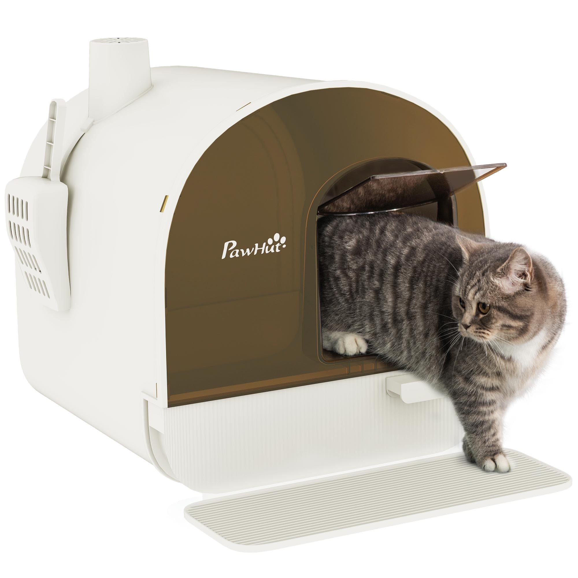 PawHut Bac à litière pour Chat Maison de Toilette pour Chat avec Porte battante, Pelle et Filtre Inclus dim. 43L x 44l x 47H cm - Blanc