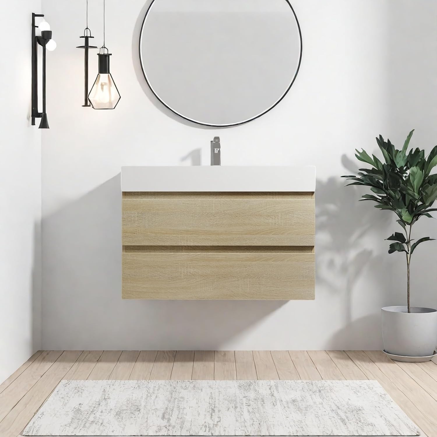 Floating Bathroom Vanity with Sink, 24" Wall-Mounted Vanity with Thick Edge Resin Basin & Woodgrain Finish, Space Saving Small Bathroom Storage Cabinet with 2 Soft-Close Drawers, Light Oak