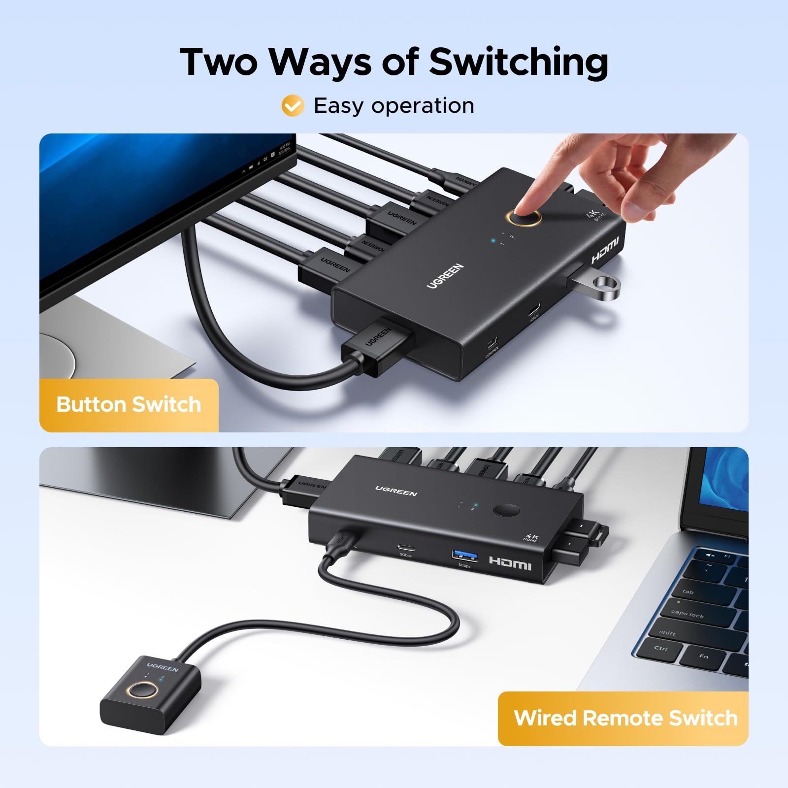 UGREEN Switch KVM HDMI 2 Entrées 1 Sorties 4K 60Hz Double Affichage Commutateur KVM USB 3A +1C 3.0 5Gbps pour Clavier Souris Disque Dur Contrôleur de Bureau Câbles USB Inclus