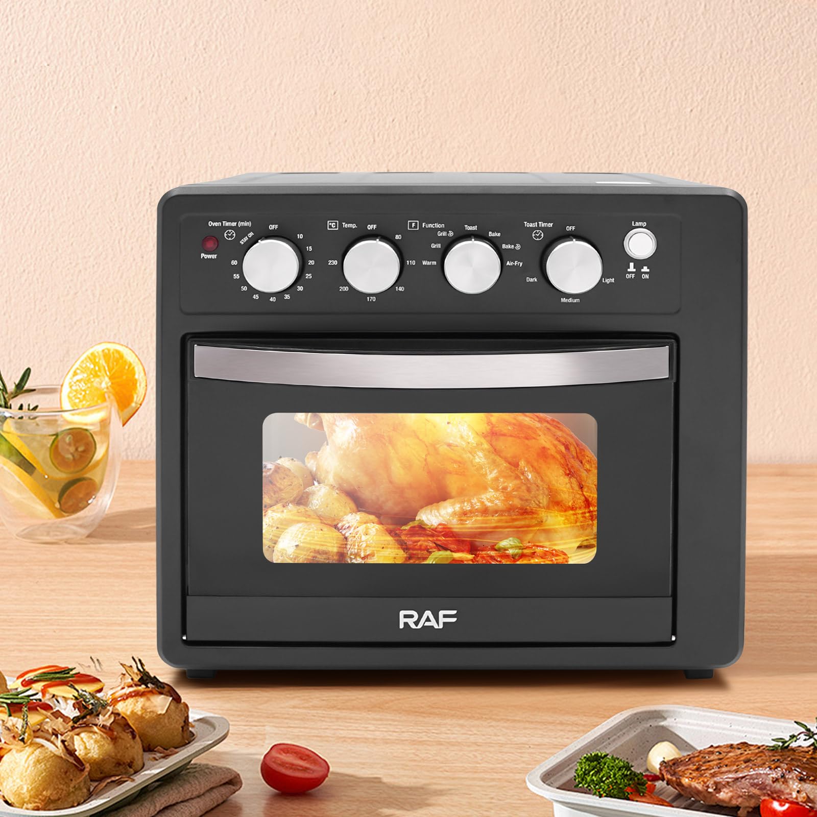 Mini four à pizza avec chaleur tournante, 25 l, électrique, 1700 W, 80-230 °C, minuterie 10-60 min, éclairage intérieur, chaleur de voûte/de sole, verre visible, noir