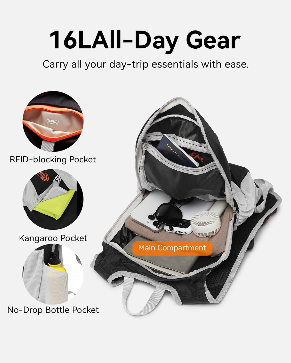 CROSSGEAR 16L RFID Hiking Backpack, Lightweight Foldable Packable Backpack, Small Travel Hiking Daypack for Women Men Black - Image 3