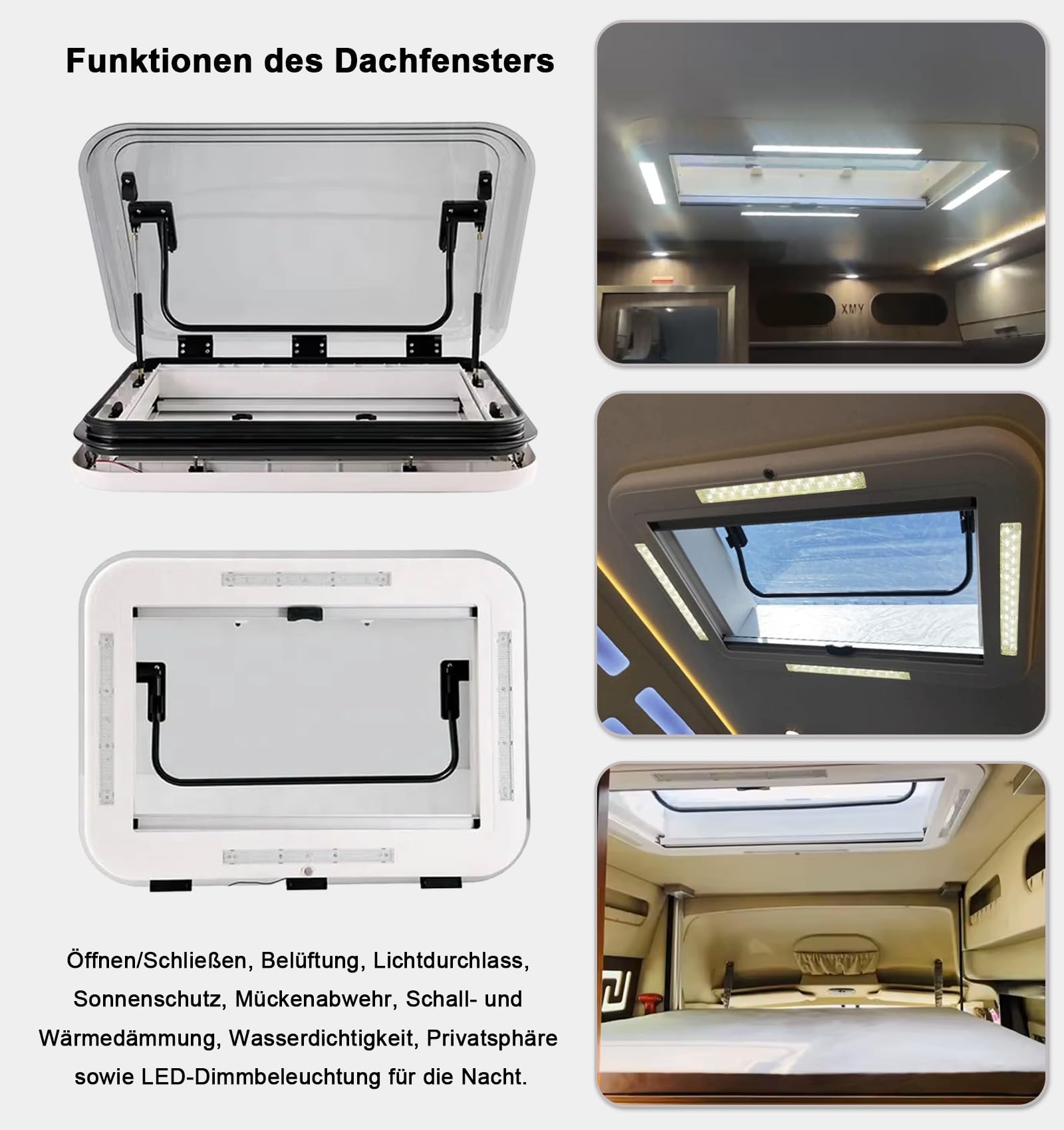 Claraboya para Autocaravana/Ventana para Techo con ventilación 40×40/70×50 cm – Cortinas oscurecedoras y mosquiteras integradas, iluminación LED 12V, para caravanas, remolques, Barcos