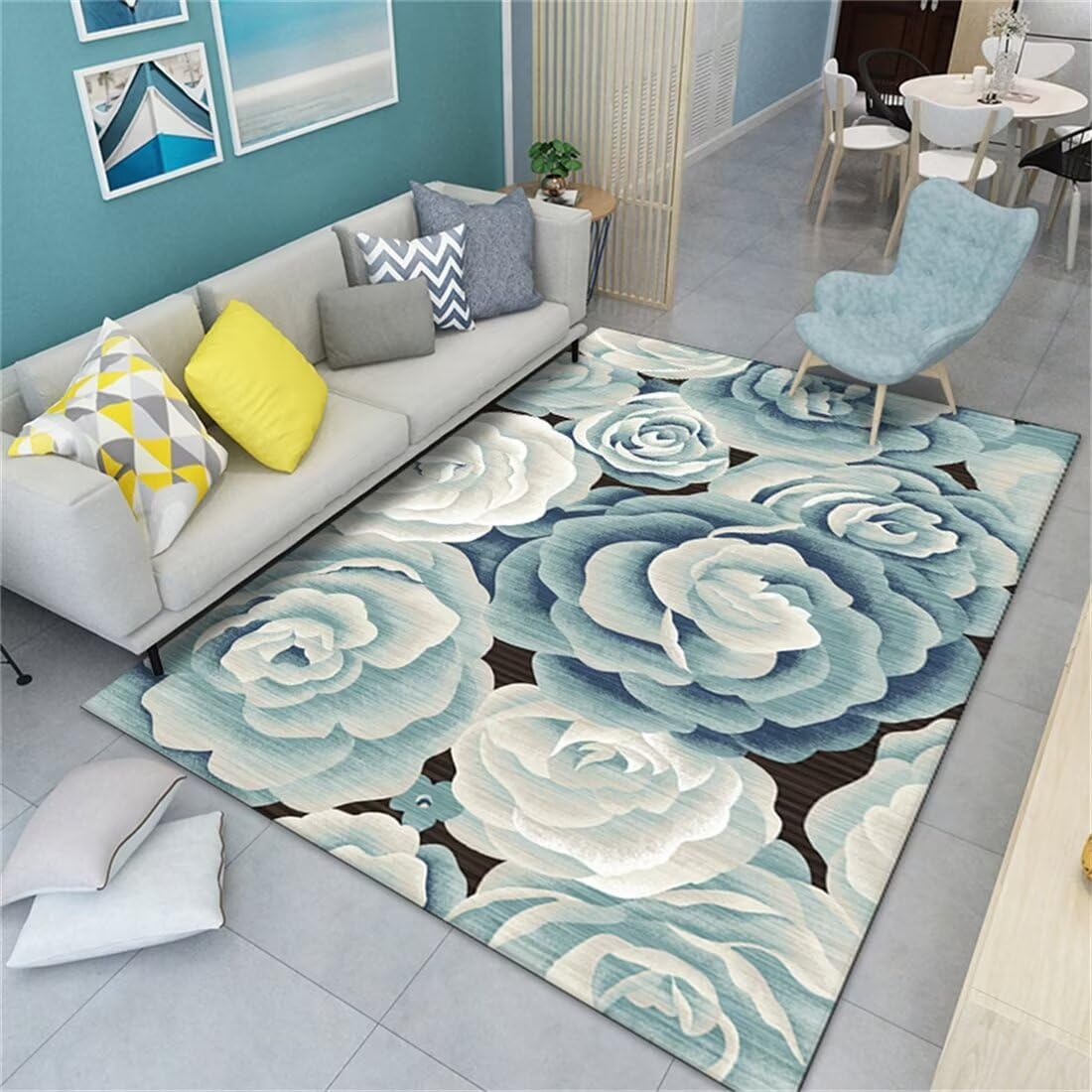 Tapis de chambre qui ne glisse pas motif floral bleu 120X200CM