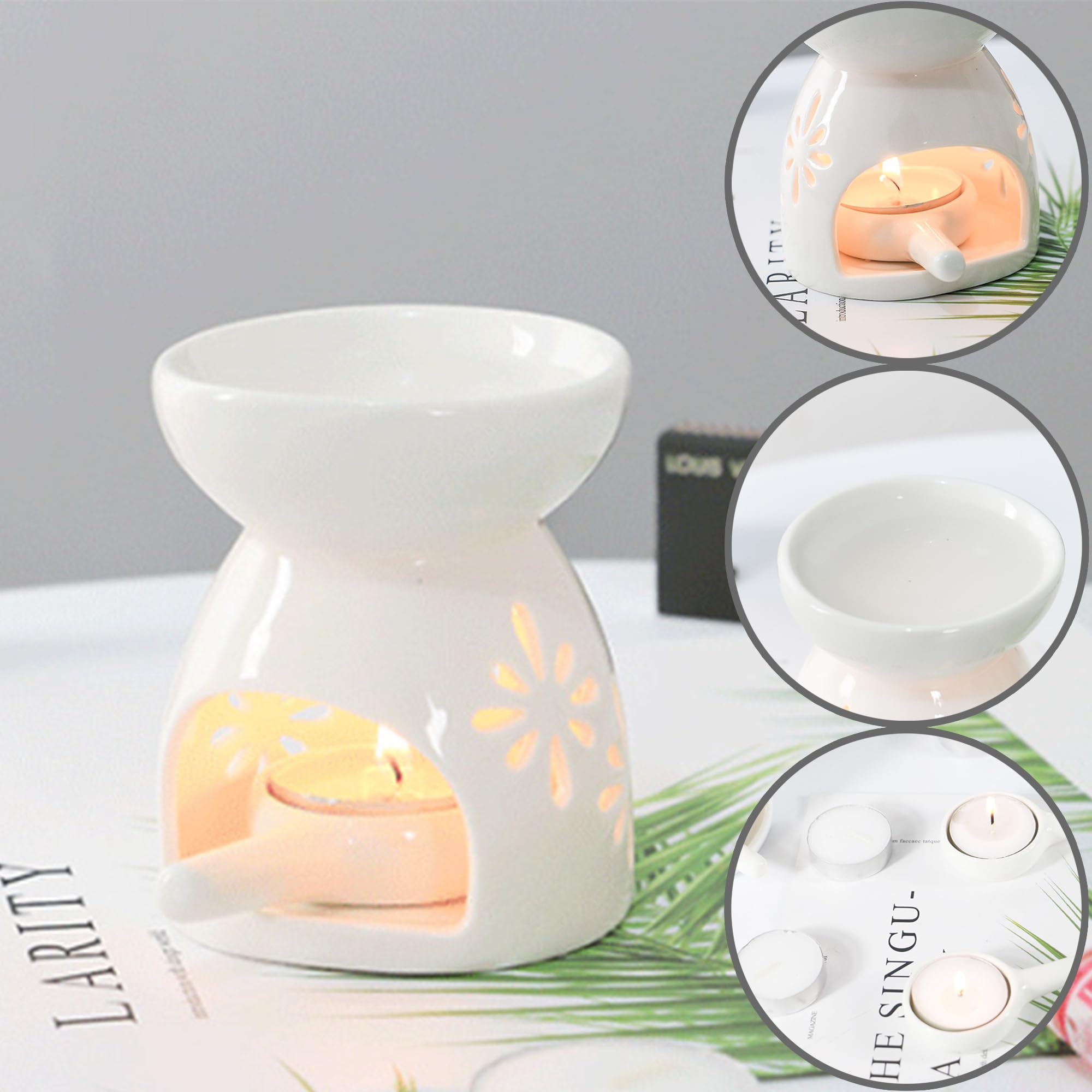 Quemador Aceites Esenciales con Cuchara de Velas, Lámpara Perfumada de Noche, Horno de Aceite de Esencia de Cerámica para Dormitorio, Sala de Estar, Oficina, Hotel