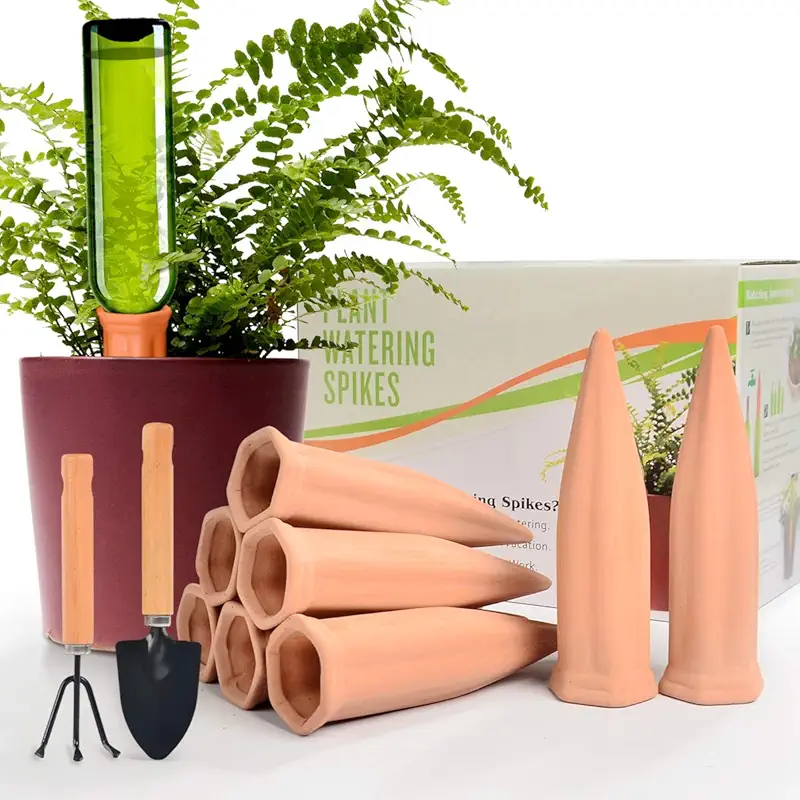 terracota spikes, trowel and small shovel with fern pot and inserted spike with a glass bottle full of water into the pot