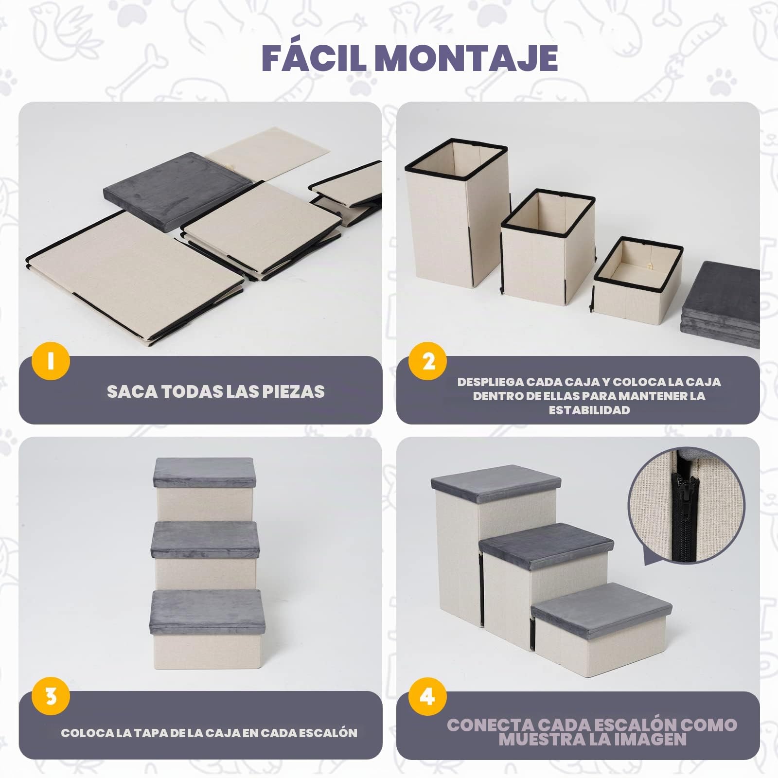 Escaleras Plegables de 3 Peldaños para Mascotas,Perros y Gatos,Escalera con Amplio Almacenamiento,Ahorra Espacio,Resistente,74x33x44 cm