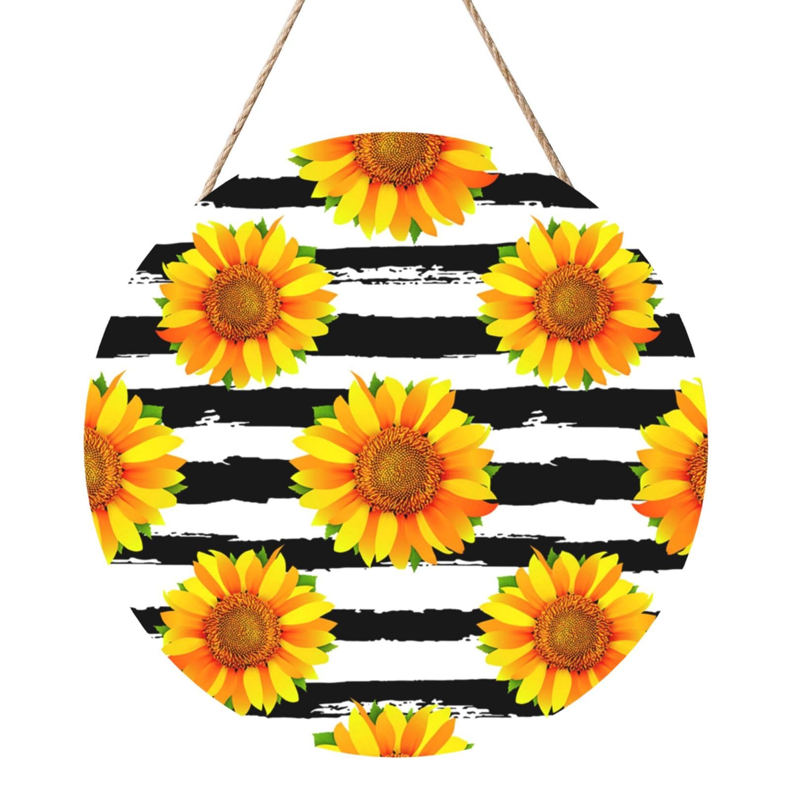 InOmak Sunflowers On Black And White Stripes Background, Round Wood Panel Painting 12 in, Wall Hanging Painting For Home