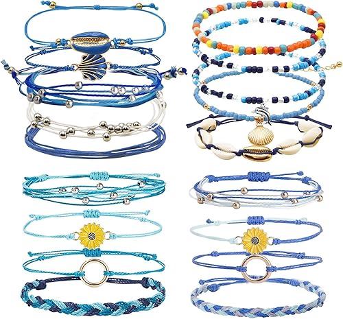Pulseras de playa boho surfistas, tobilleras ajustables con cuentas, pulseras trenzadas hippies hechas a mano, impermeables, pulseras de cuerda y