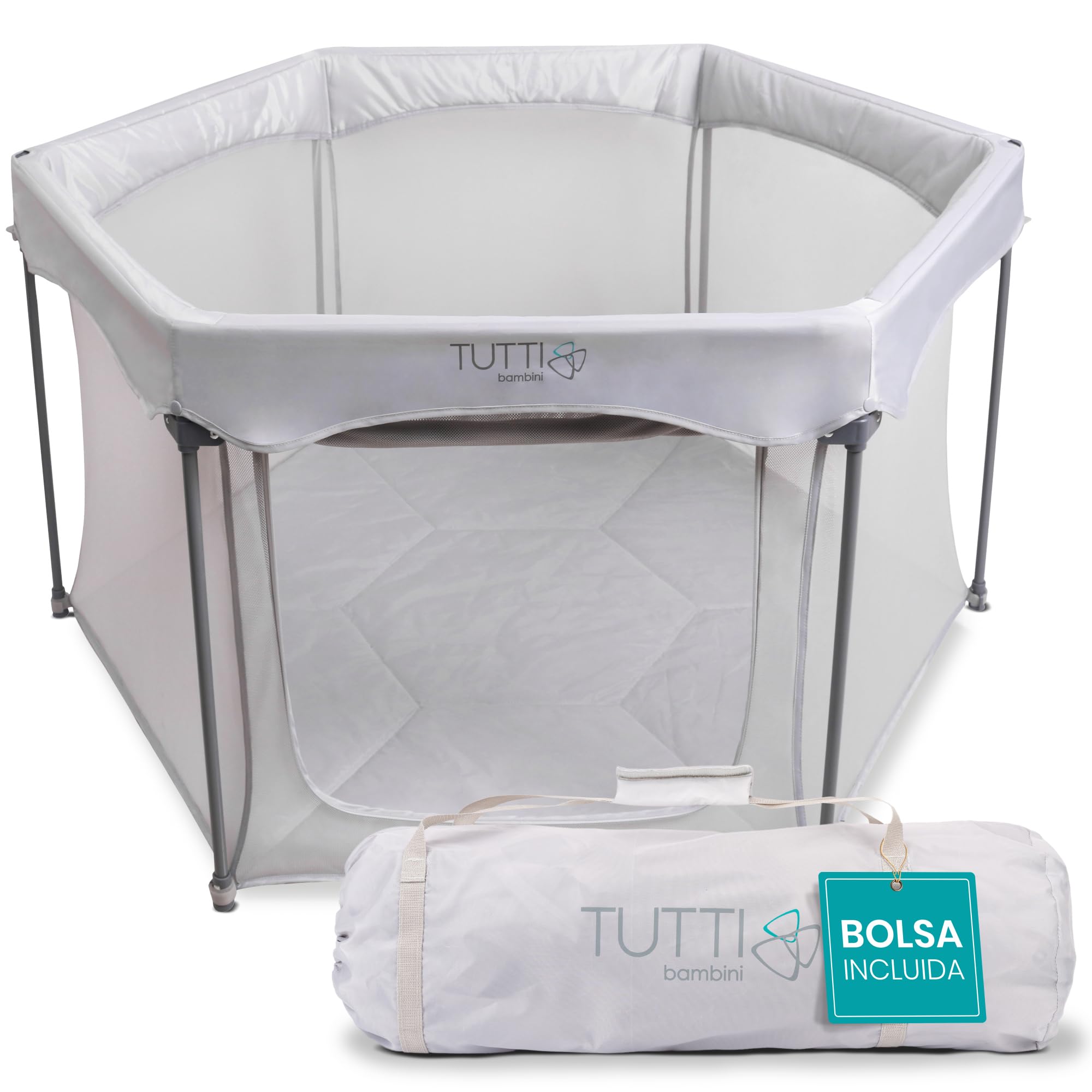 Tutti Bambini Parque Infantil Bebe - Corralito Bebe Plegable con Paredes de Malla, Puerta con Cremallera, Colchoneta de Suelo y Bolsa de Transporte - 135 x 135 x 75 cm - (Plata)