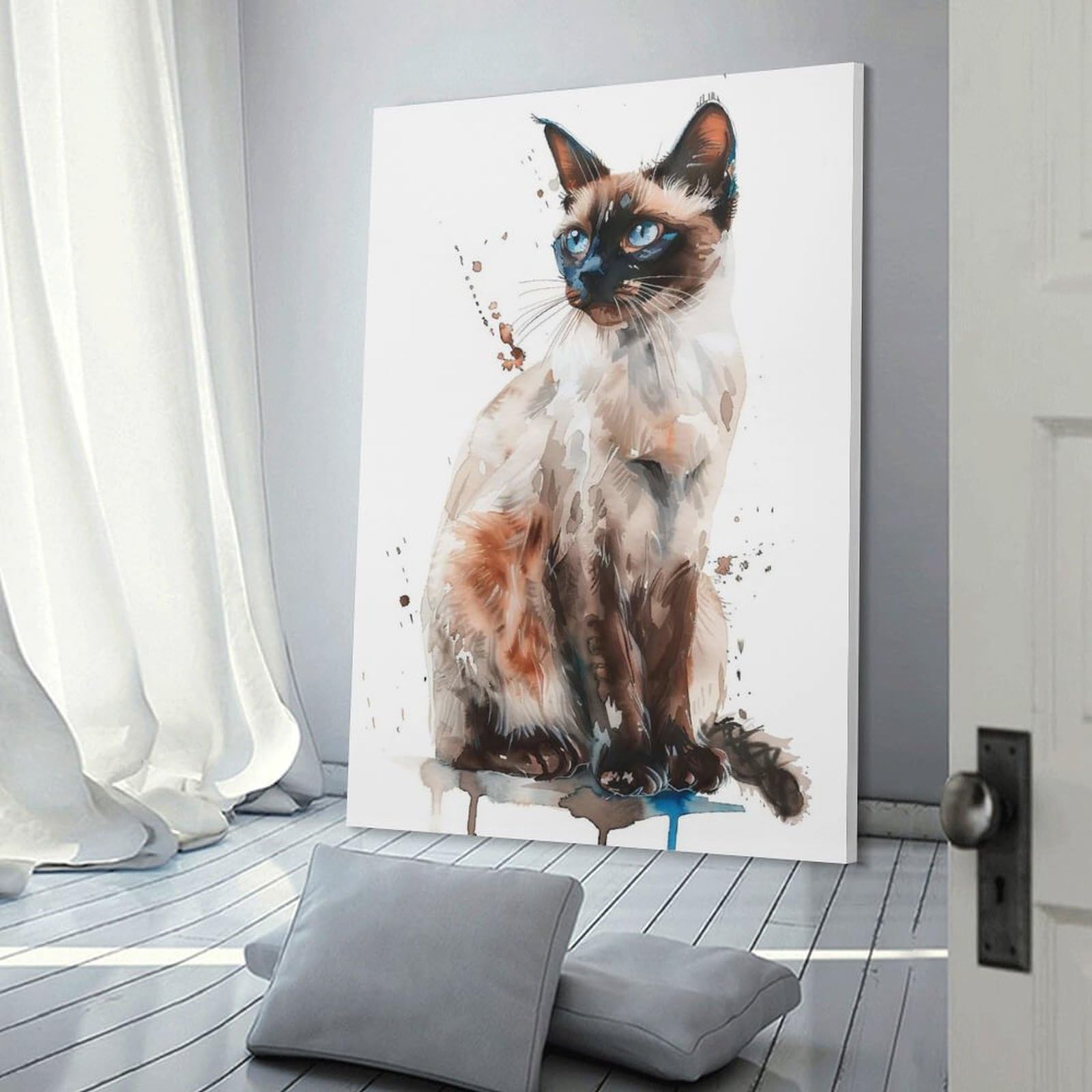 Junmoney Balinese Cat Watercolor Hanging Wall Art, 24x36inch(60x90cm), for Bedroom Walls, Guest Spaces Or Lounges, An Easy Wall Refresh for Bedrooms