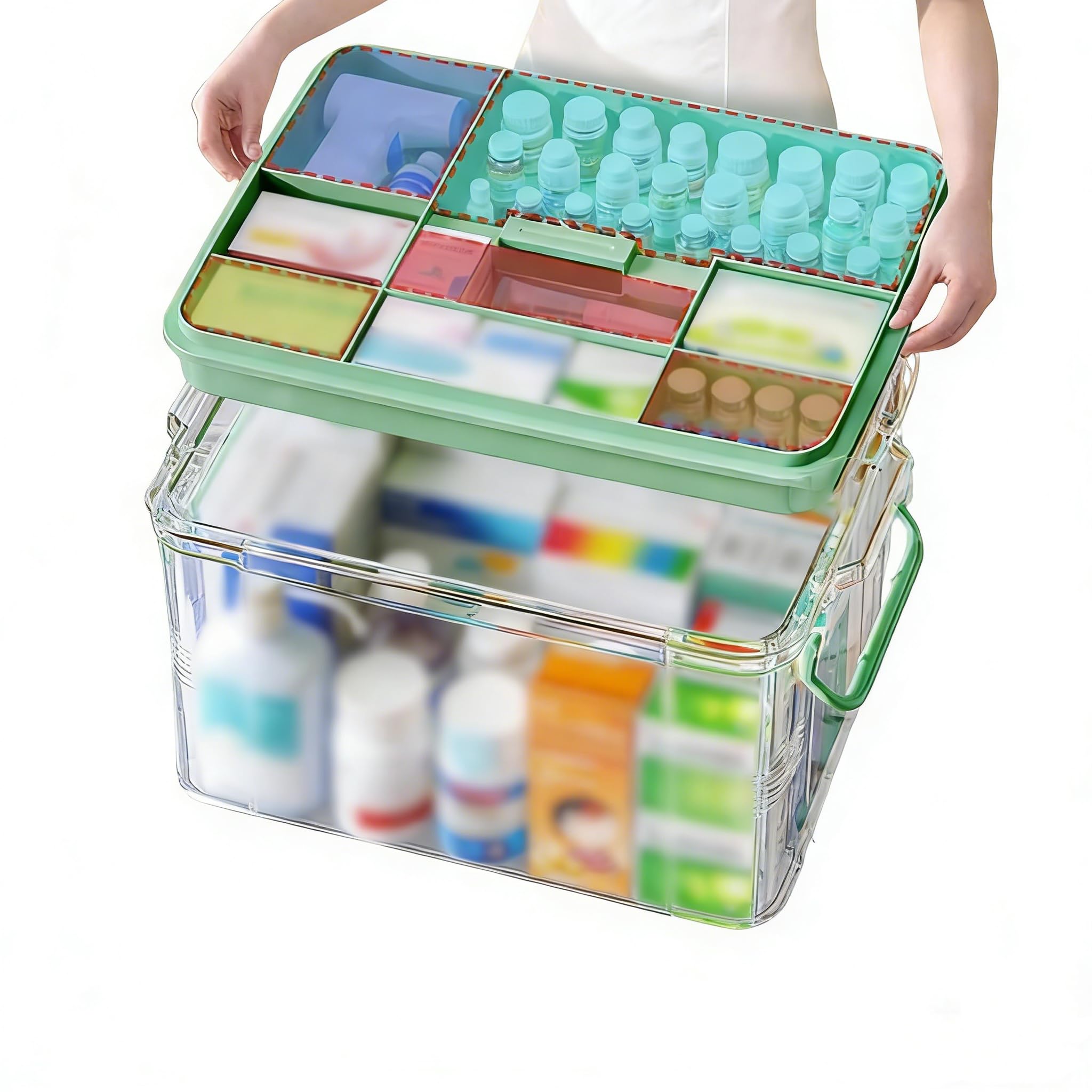 Medicine Storage Box, First Aid Clear Bin, Double Compartment Medication Organizer with Large Capacity, Portable Emergency Kit, Plastic Family Medical Supplies Storage Box