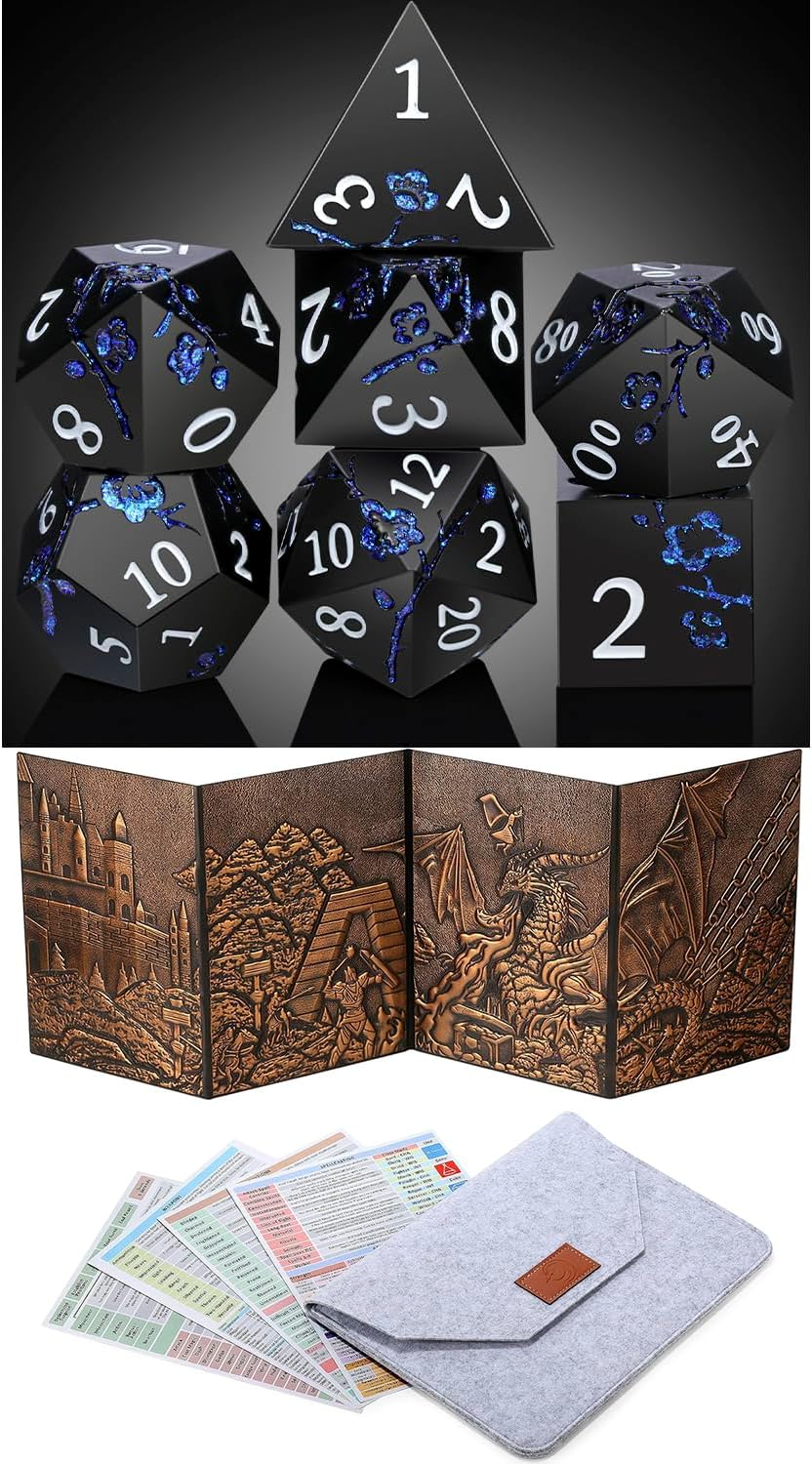 DNDND Glitter Blue D&D Metal Dice & DNDND DM Scree