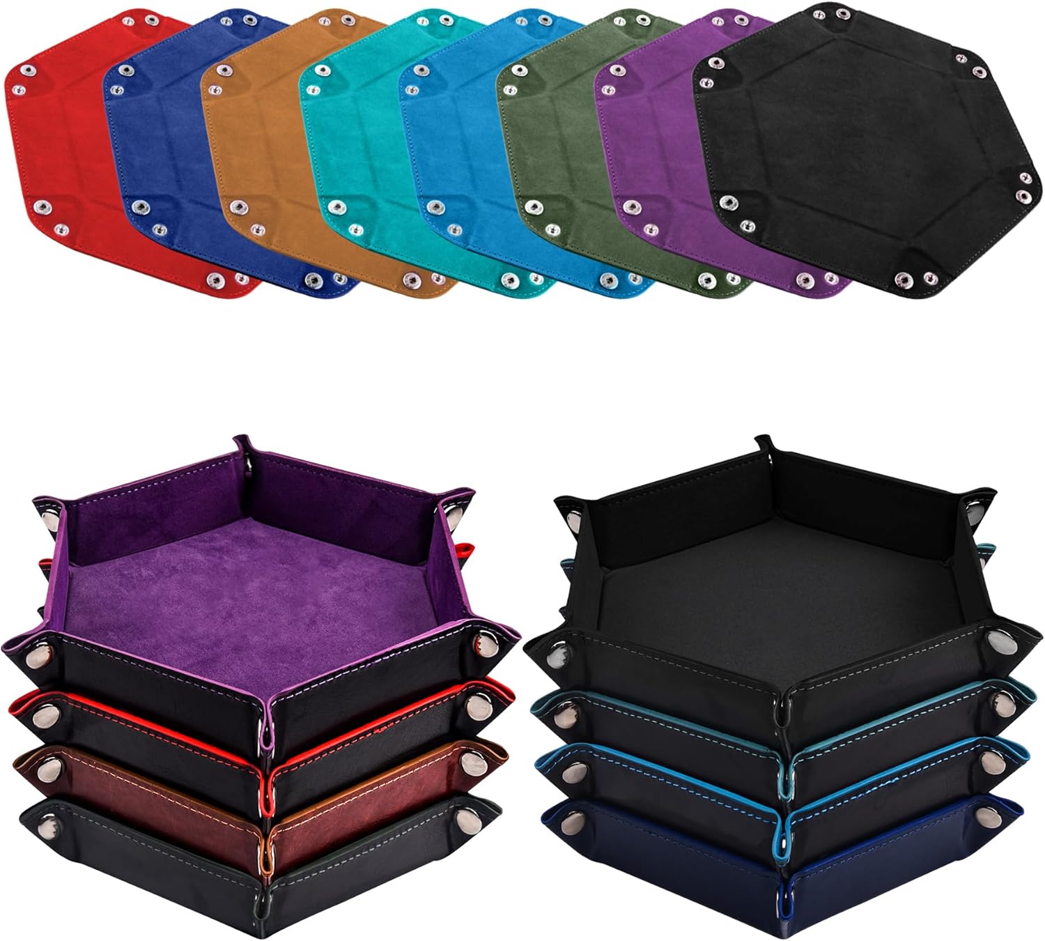 SIQUK 8 Pieces Dice Tray Hexagon Folding Dice Rolling Tray PU Leather Dice Trays Dice Holder Storage Box for D&D RPG Dice Games (Red, Royal Blue, Violet, Black, Camel，Cyan，Sky Blue，Dark Green)