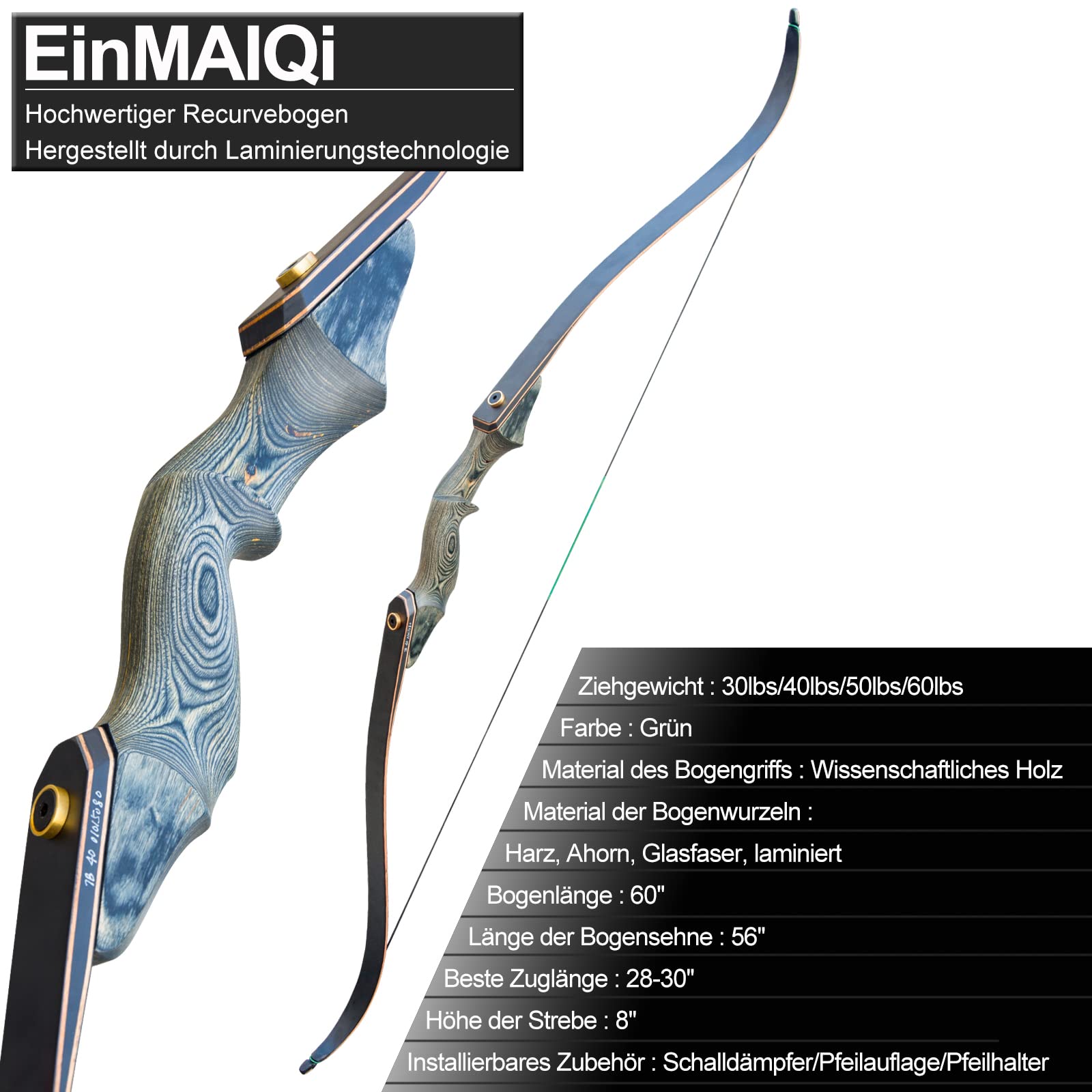 Recurvebogen 60 Zoll Pfeil und Bogen Set Erwachsene Bogenschießen Bogen und Jagdpfeil Set Rechte Hand 30lb 40lb 50lb 60lb