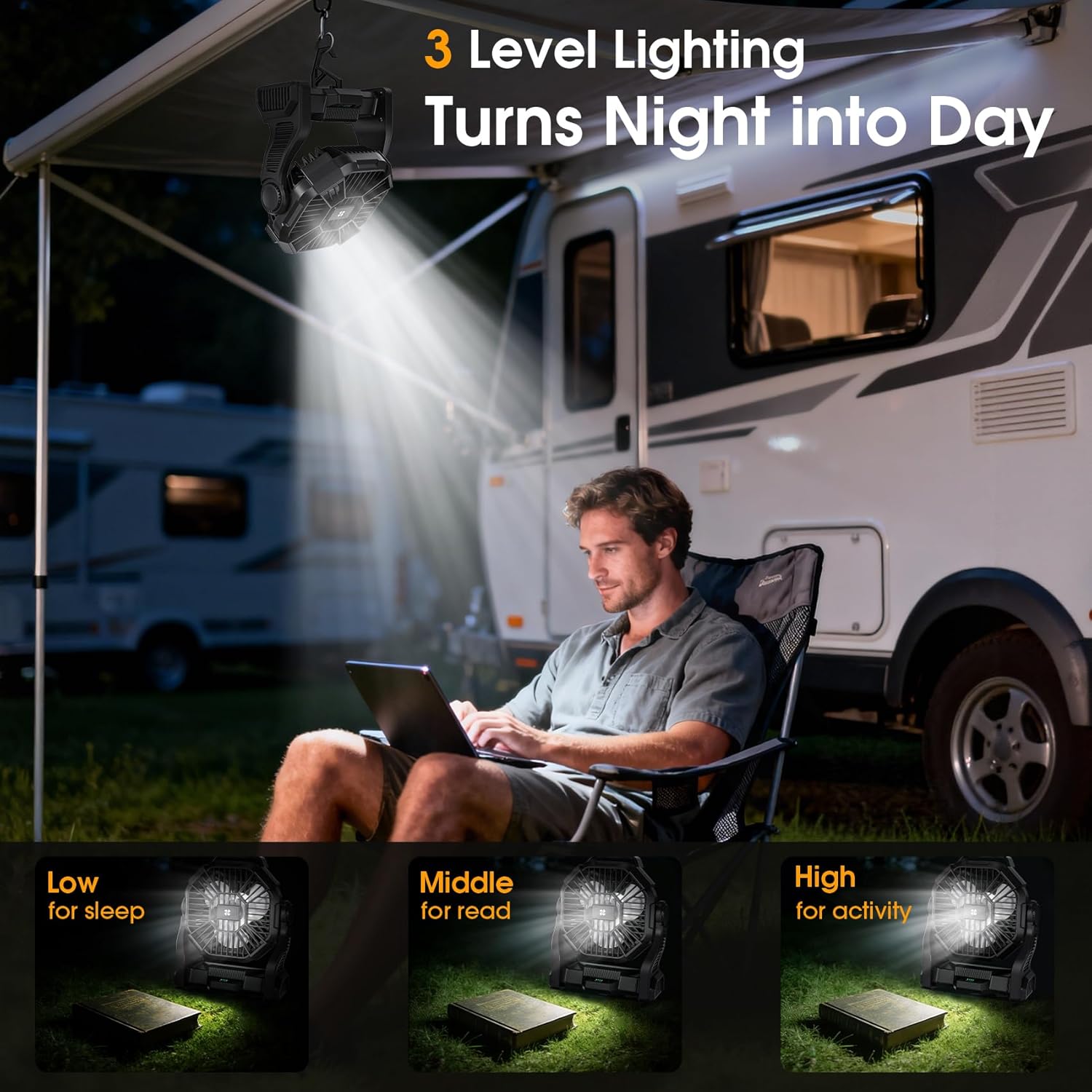 Deller Portable Camping Fans, Battery Operated Fan with LED Light 4 Speeds & Hook, Cordless Battery Powered Fans for Tent for Travel Bedroom Home Camping Tent Office Beach Desk