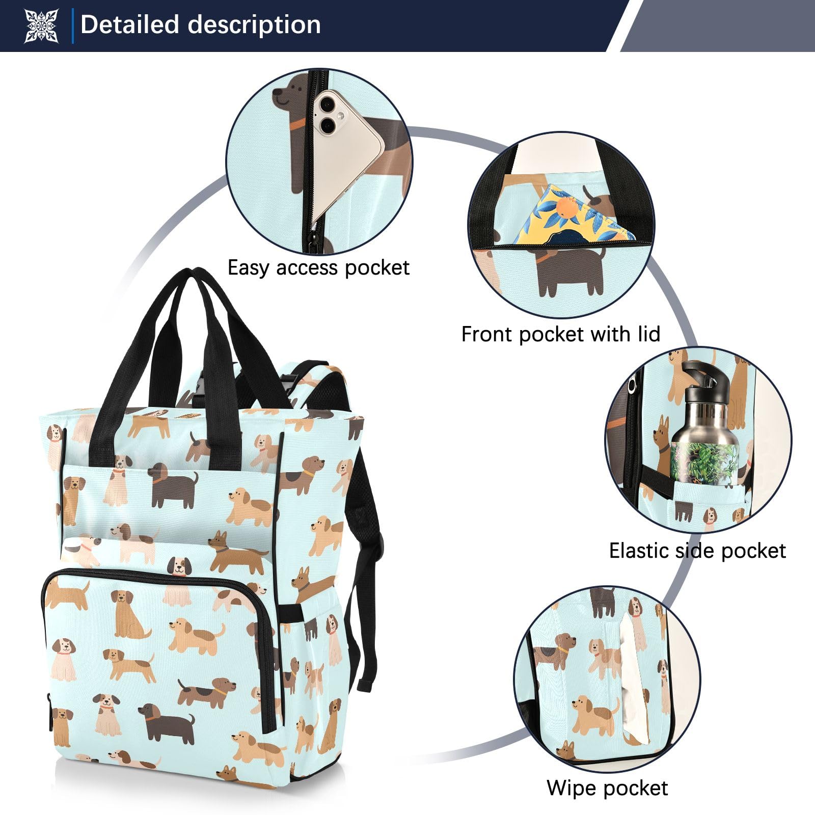 Mnsruu Zaino con cani in diverse pose modello borsa per pannolini per bambini borsa grande borsa impermeabile da viaggio borse per pannolini per mamme e papà