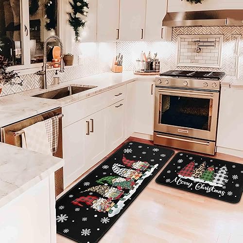 Miniatura 3 de Juego de 2 alfombras y tapetes de cocina de Navidad con diseño de camión rojo a cuadros de búfalo, gnomos de árbol de Navidad, nieve, invierno,