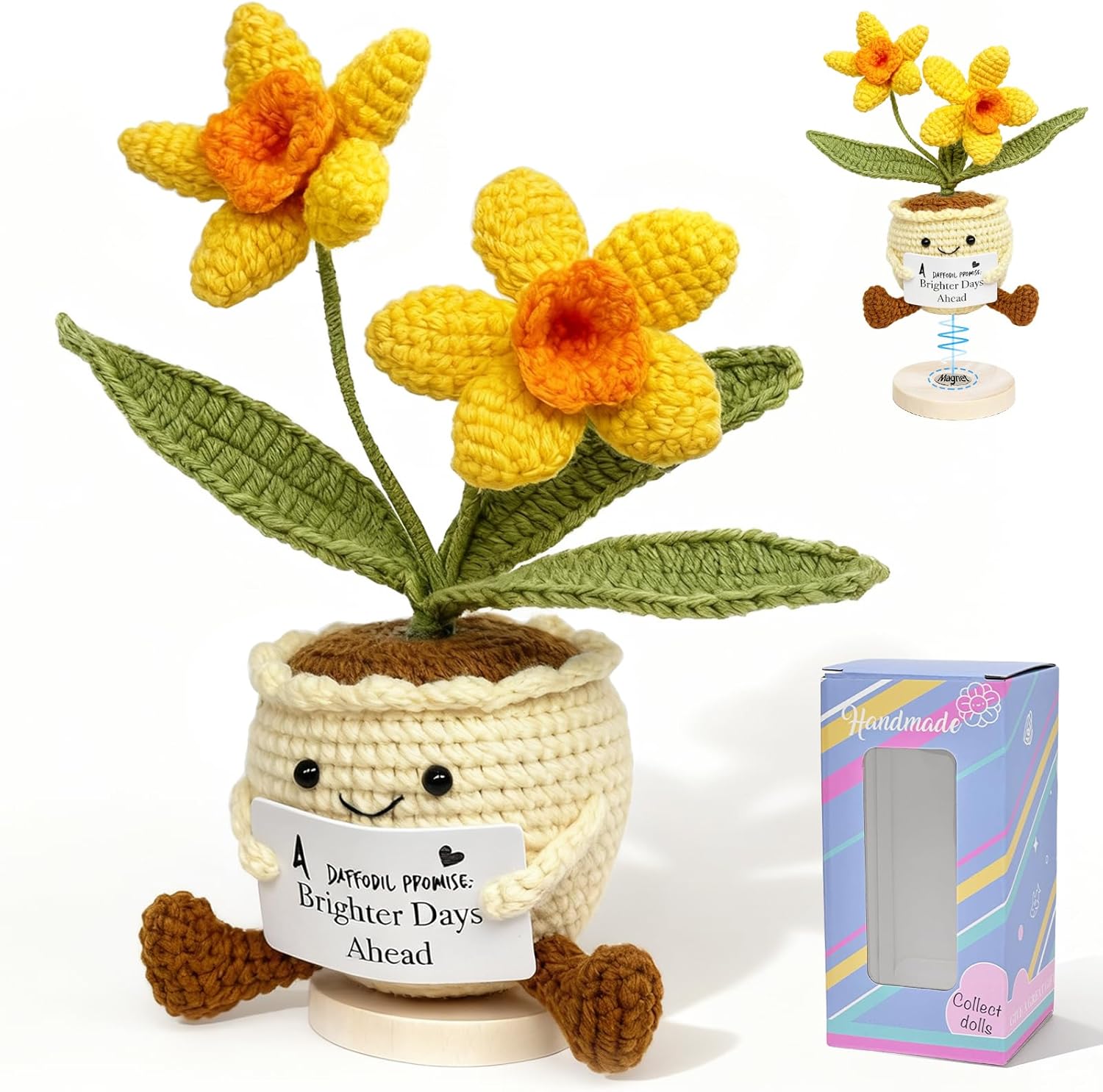 VERONLY Emotional Support Crochet Dolls, Magnetic Daffodil with Base & Positive Card, Stress Relief Gift for Women, for Friends, Unique Office Desk Decor