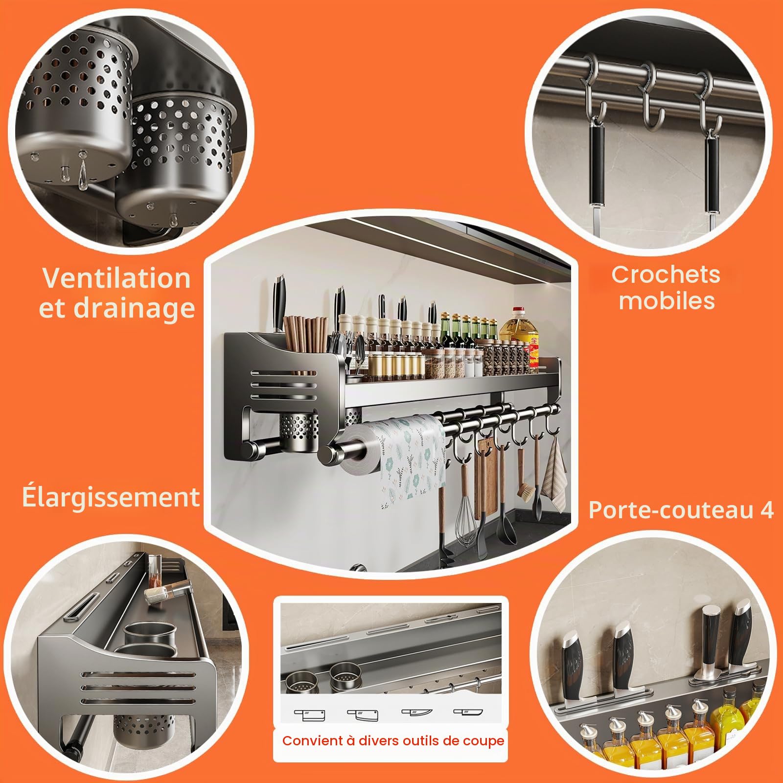 Etagere a Epices Murale Étagère Murale à Épices avec Porte-Sopalin Rangement Épices Cuisine Moderne - Étageres Murales de Cuisine Robustes,Gris,50cm 2cups