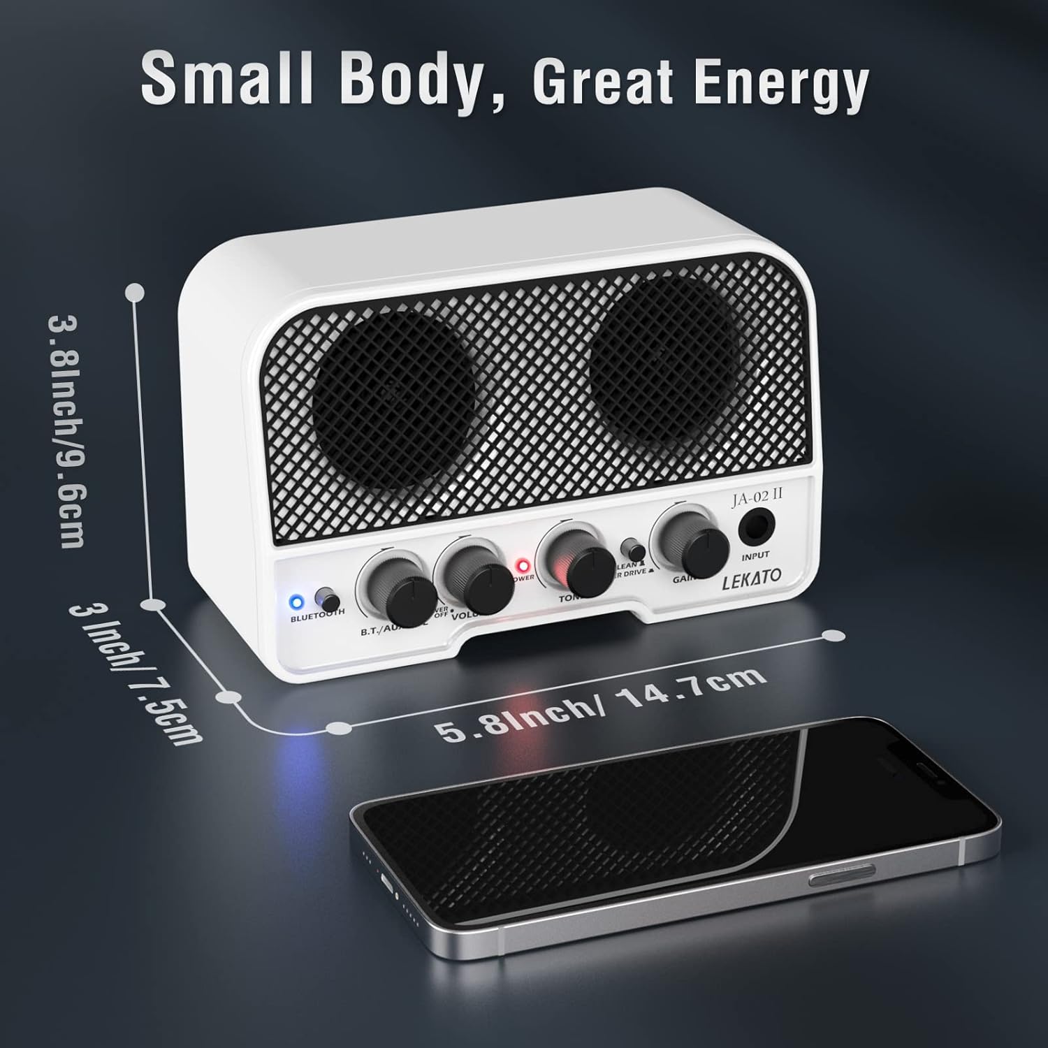 Diagram showing the compact dimensions of the LEKATO Mini Guitar Amplifier (3.8 inches height, 3 inches depth, 5.8 inches width) next to a smartphone for scale.