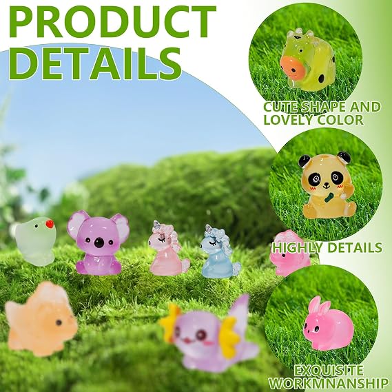 150pcs Luminous Mini Resin Animals,30 Styles Tiny Resin Animals Glow in The Dark Plastic Animal Figures Bulk,Mini Animal Figurines for Fairy Garden Micro Landscape Aquarium Dollhouse Decor