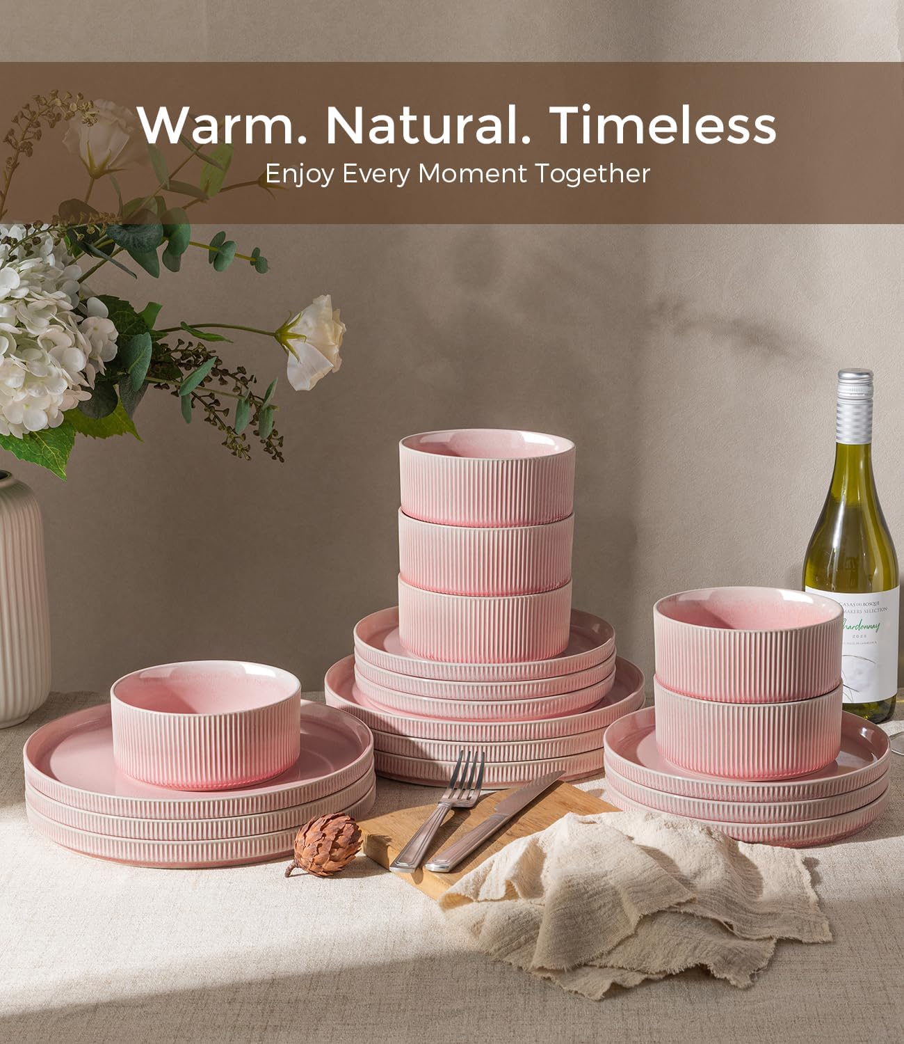 GBHOME 12-Piece Stoneware Dinnerware Set for 4 – Ribbed Ceramic Plates and Bowls, Scratch-Resistant, Microwave & Dishwasher Safe, Reactive Glaze, Blush Veil