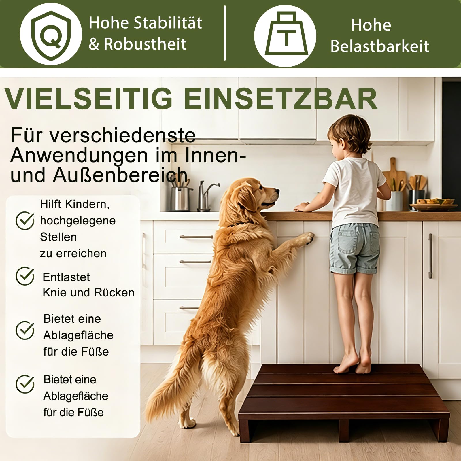 EIN Hölzerner Tritthocker Für Erwachsene Und Senioren Mit Rutschfester Gummiauflage, Badhocker,Für Drinnen Und Draußen, Tragbare Hölzerne Aufstehhilfe Für Bad, Küche, Nachttisch Und Mehr