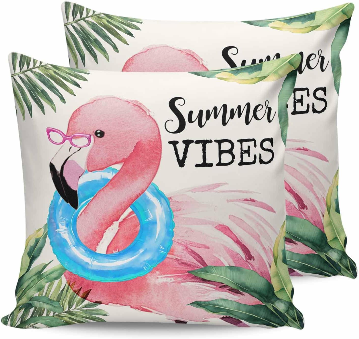 Summer Outdoor Waterproof Throw Pillow Covers 24 x 24 Inch Set of 2, Tropical Plants Palm Leaf Flamingos Pillowcases Decorative Square Cushion Cases for Patio Furniture Couch Porch Garden