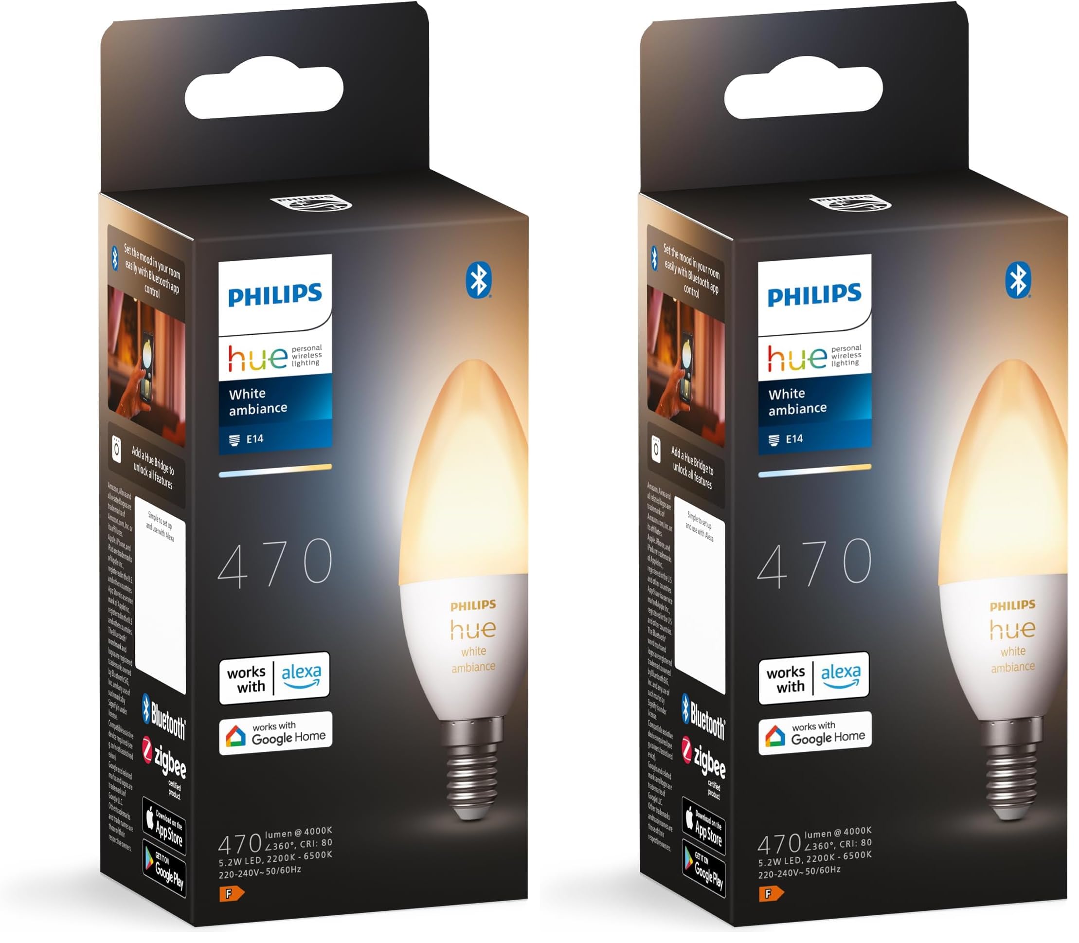 Philips Hue White Ambiance, ampoule LED connectée flamme E14, compatible Bluetooth, fonctionne avec Alexa, Google Assistant et Apple Homekit (Lot de 2)