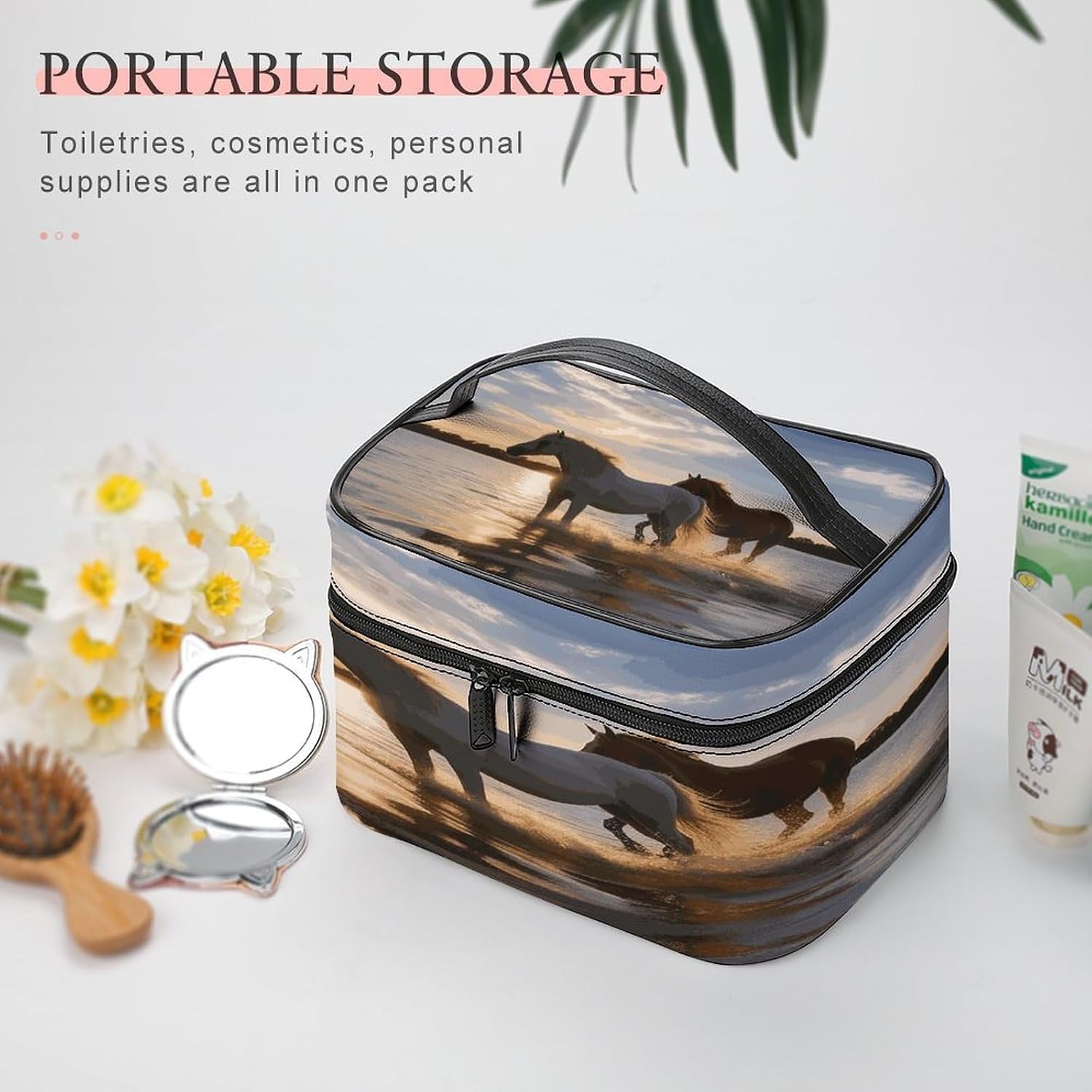 Sunsets Lake Horses Travel Makeup Bags Large Capacity Cosmetic Bag for Women Portable Makeup Artist Organizer Bags Waterproof Make Up Bag Lightweight Hand-held Makeup Case image 5