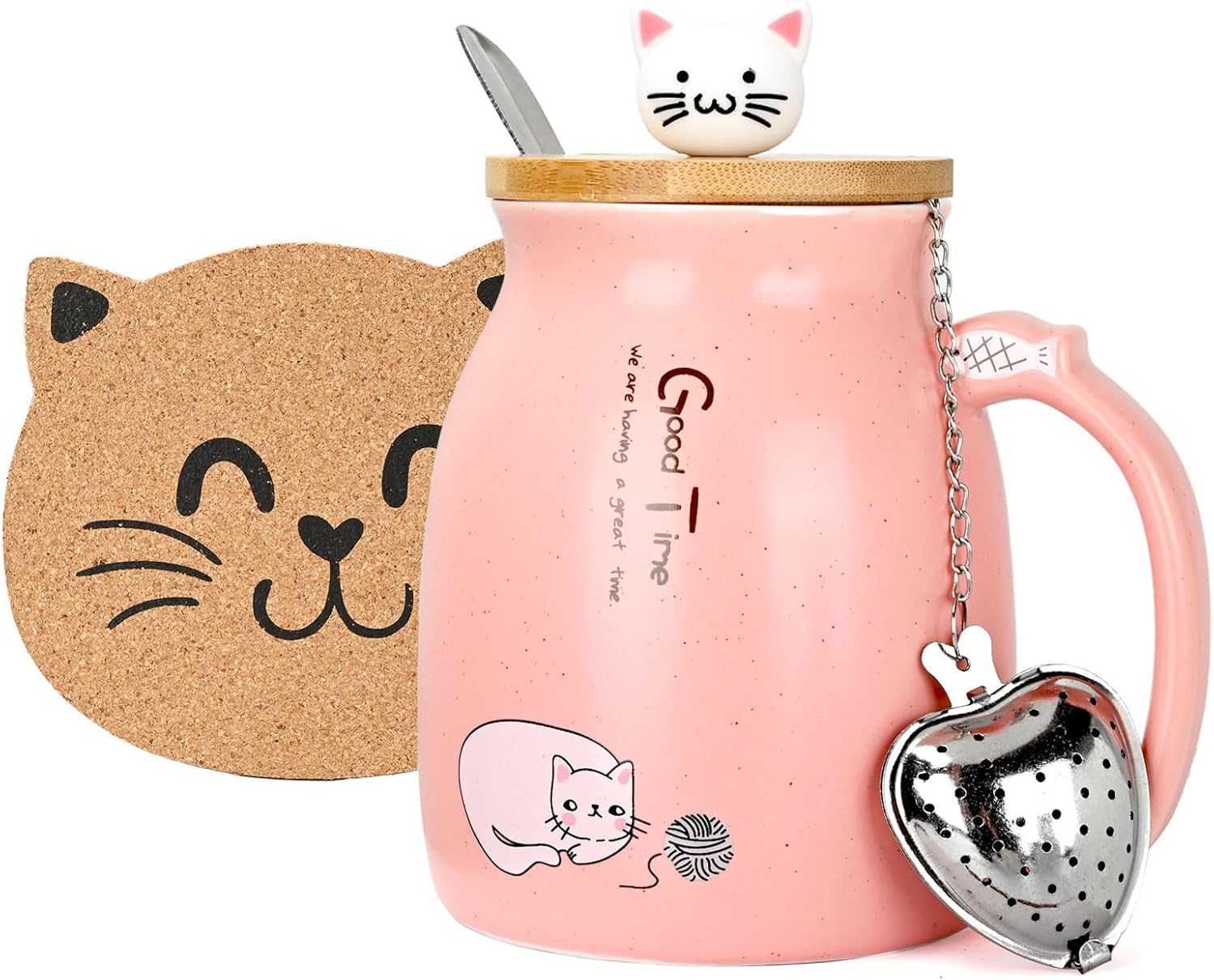 Cat Mug with Infuser and Lid,Cute Christmas Coffee Cup with Stainless Steel Spoon,Ceramic Morning Cup Coffee Milk Tea Mugs Christmas Birthday Gfits for Cat Lovers Women,Pink