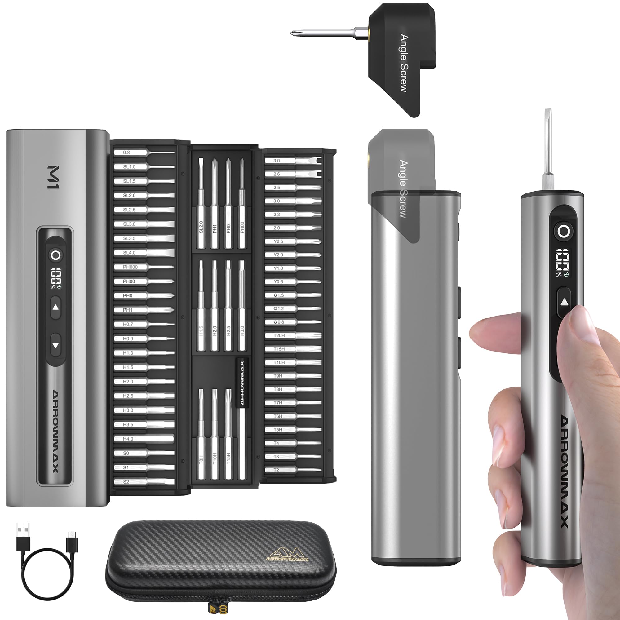 AM ARROWMAX 7.4V Mini Electric Screwdriver & Removable Angle Screw, Precision Electric Screwdriver Set, 60 in 1 Magnetic Bit, 5 Torque Setting, 5/32''Hex, Repair Tools For Phone Camera Watch (M1 PLUS)