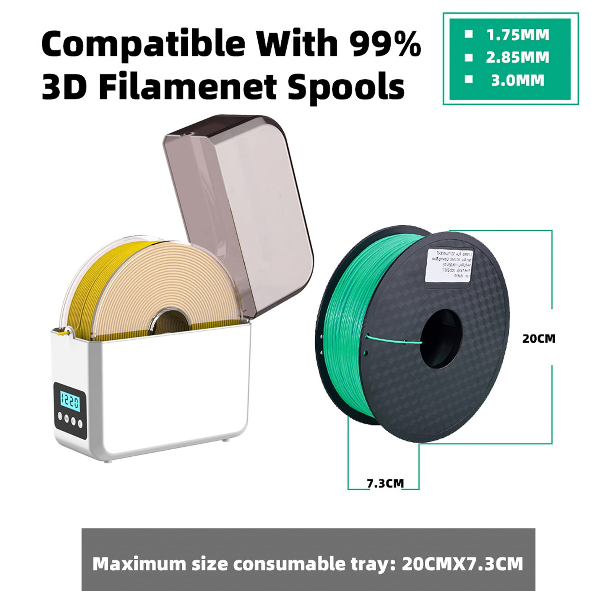 Caja de secador de filamento de 3 engranajes para filamento de impresora 3D, secador de filamento con sensor de humedad, mantiene el filamento seco durante la impresión 3D