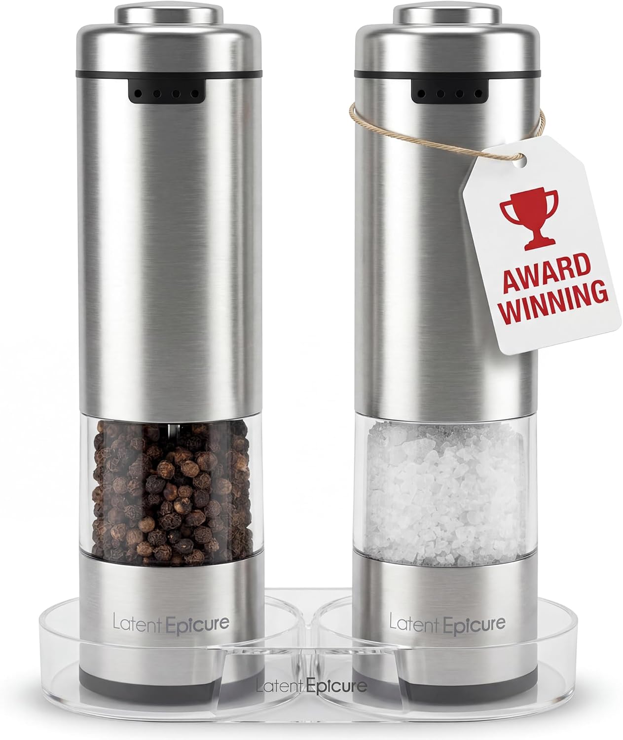 Electric Salt and Pepper Grinder Set, USB-C Rechargeable Stainless Steel Mills with LED Light, Adjustable Ceramic Grinders and Acrylic Mill Rest Tray