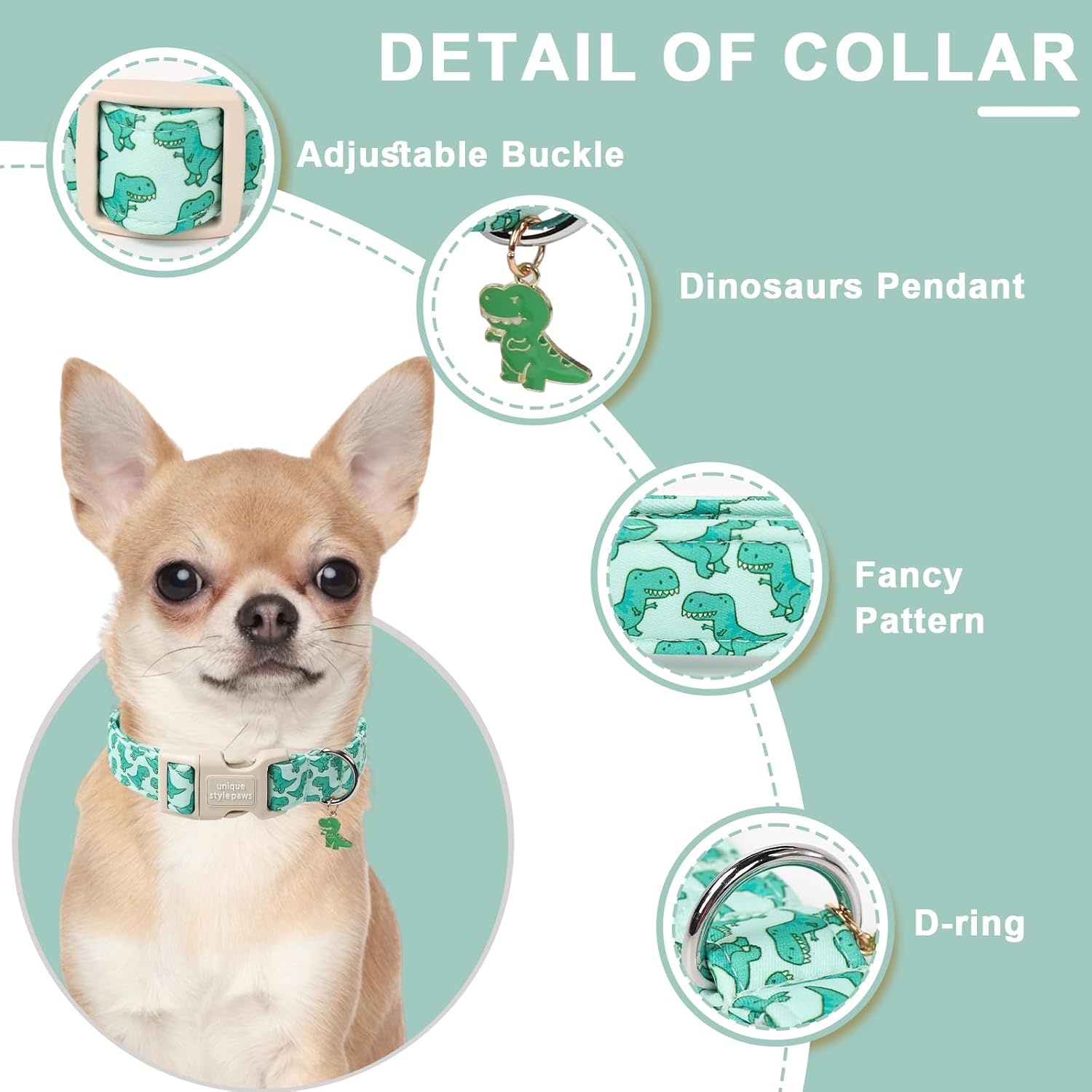 Dinosaur Dog Collar,Unique Style Paws Summer Dog Collars Comfortable Cotton Puppy Collars with Adjustable Buckle Cute Dinosaur Print Dogs Accessories for Small Medium Large Puppys image 5