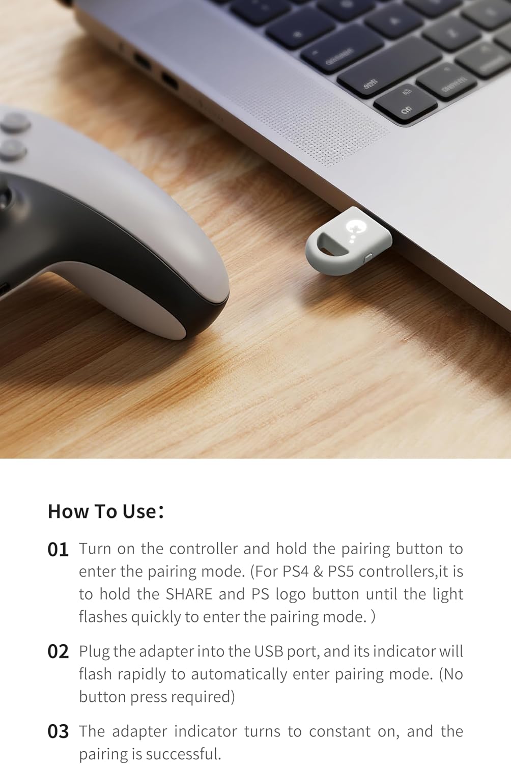 PS5 DualSense controller being paired with the GuliKit Hyperlink 2 adapter connected to a laptop