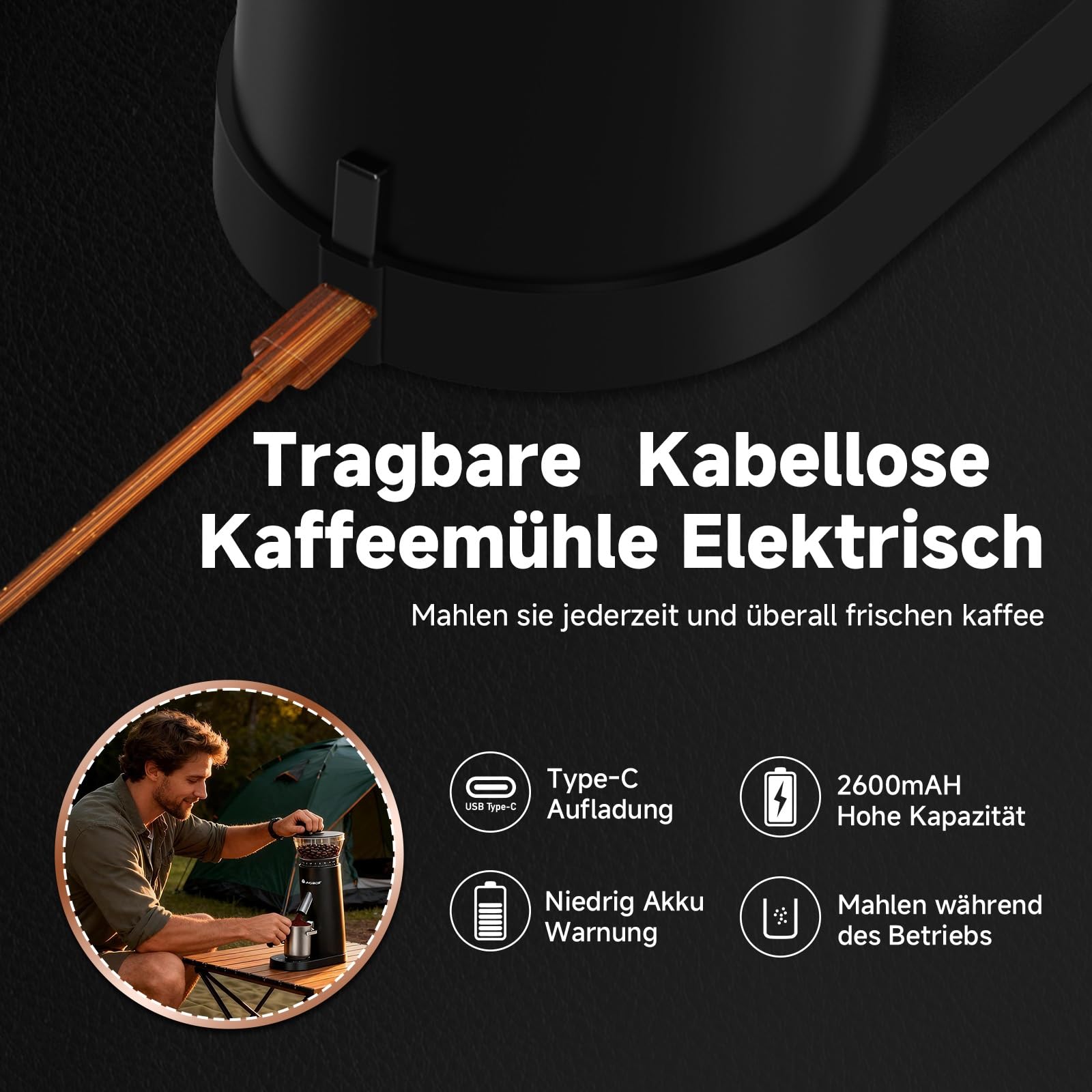 AAOBOSI Kaffeemühle Elektrisch, Kabellose Kaffeemühle Siebträger mit 60 Mahlgrad Einstellbar, Kaffeemühle Kegelmahlwerk Tragbar Wiederaufladbar für Espresso/Mocca/Drip/Pour Over/Cold Brew/French Press