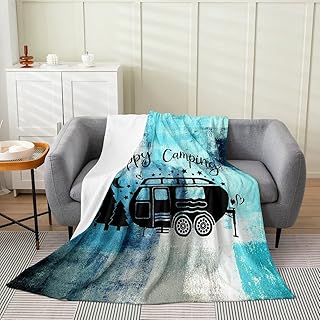 Erosebridal Teal Throw Blanket for Kids Teens Youth,Retro Happy Camping Flannel Blanket Lightweight,Grunge Turquoise and Grey Watercolor Fleece Blanket Queen,Ombre Camper Truck Art Bed Blanket
