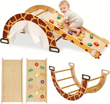 Montessori Climbing Frame Set with Slide for Toddler, 4 in 1 Baby Climbing Arch, Outdoor Indoor Playground