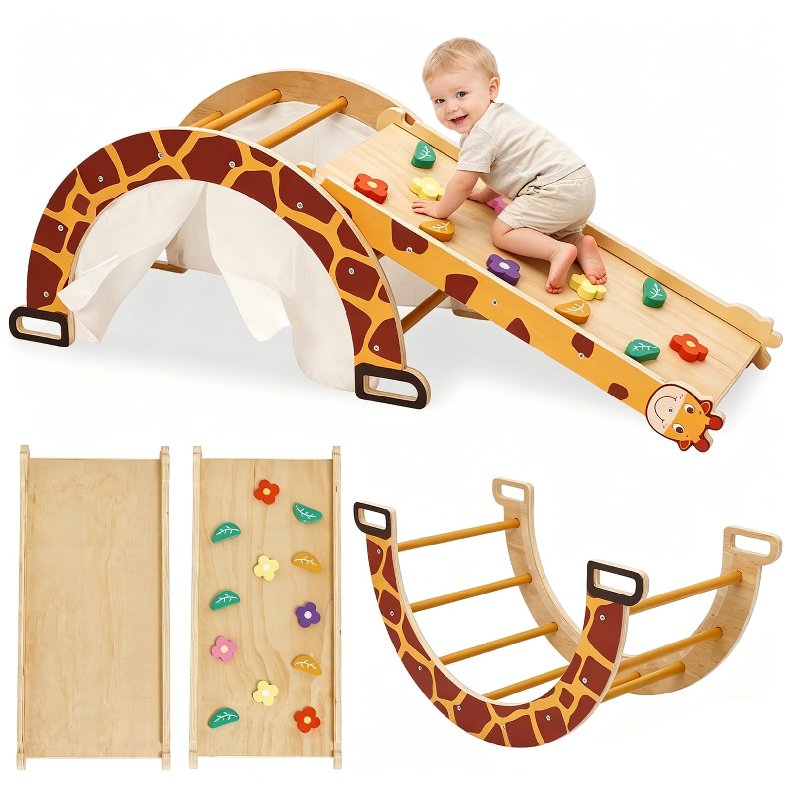 Montessori Climbing Frame Set with Slide for Toddler, 4 in 1 Baby Climbing Arch, Outdoor Indoor Playground