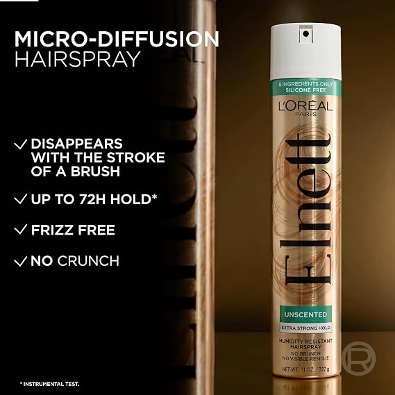L'Oreal Paris Elnett Unscented Hairspray, up to 72-Hour Extra Strong Hold Formula with Humidity Resistant Frizz Control, Hairspray with Soft, Brushable Finish, 2.2 oz