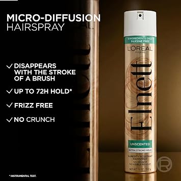 L'Oreal Paris Elnett Unscented Hairspray, up to 72-Hour Extra Strong Hold Formula with Humidity Resistant Frizz Control, Hairspray with Soft, Brushable Finish, 2.2 oz