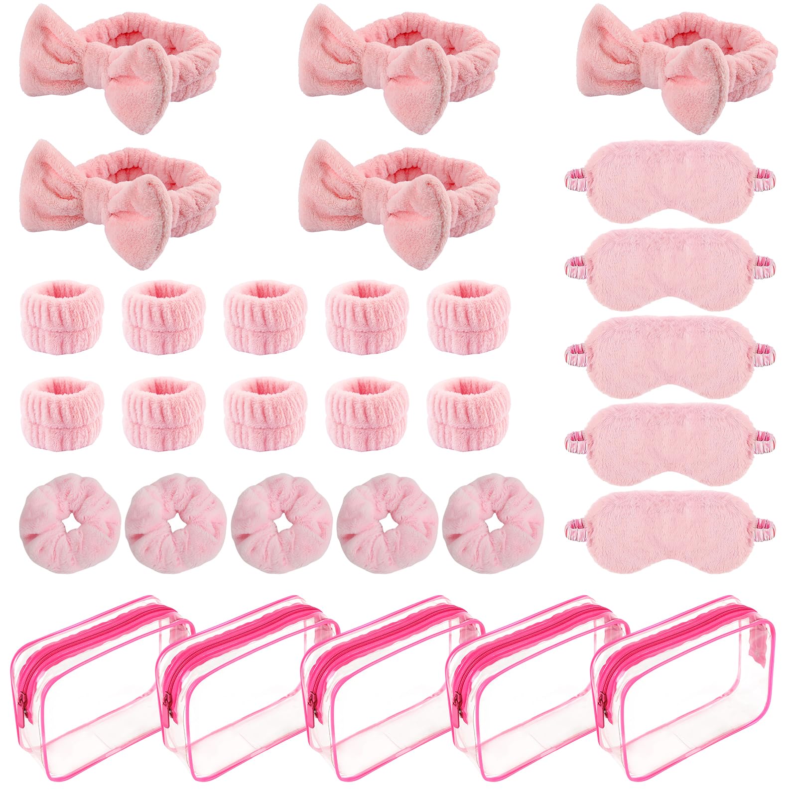 30Pcs Spa Sleepover Party Supplies, Pink Bulk Favor Set with Bow Facial Headband Pink Plush Sleep Eye Mask Cosmetic Bags Hair Scrunchies Wristbands for Women Girls Makeup Slumber Party Essentials
