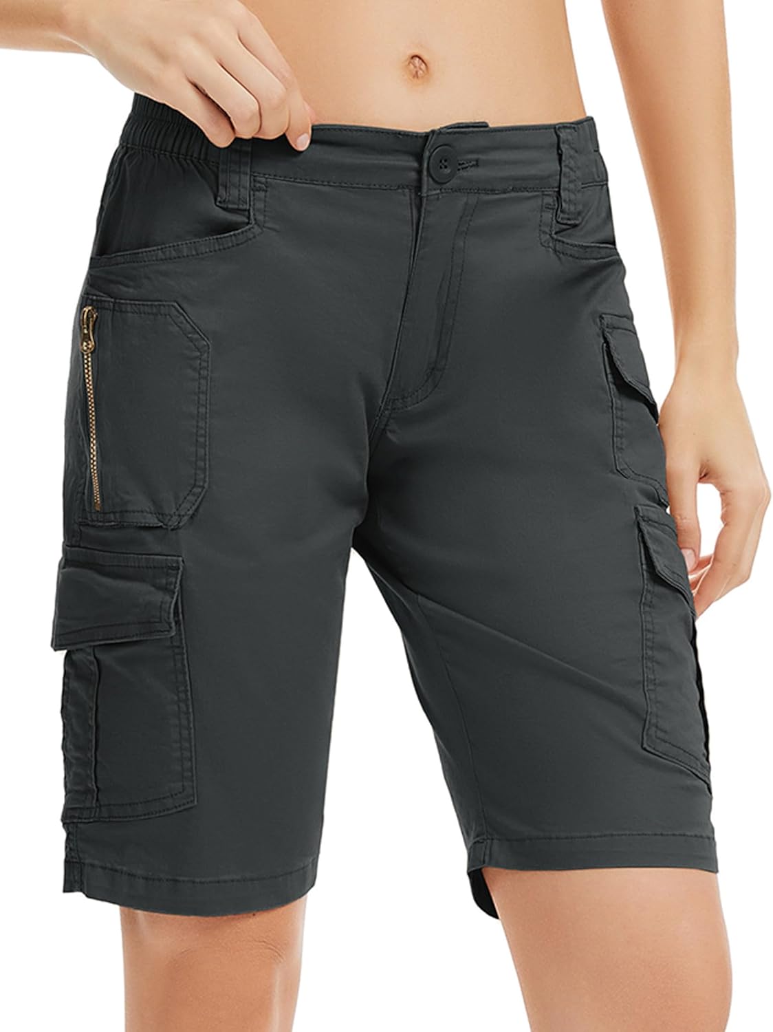 Cargo Shorts for Women, 95% Cotton Elastic Waisted Casual Short with 8 Pockets for Streetwear Work Travel Camping