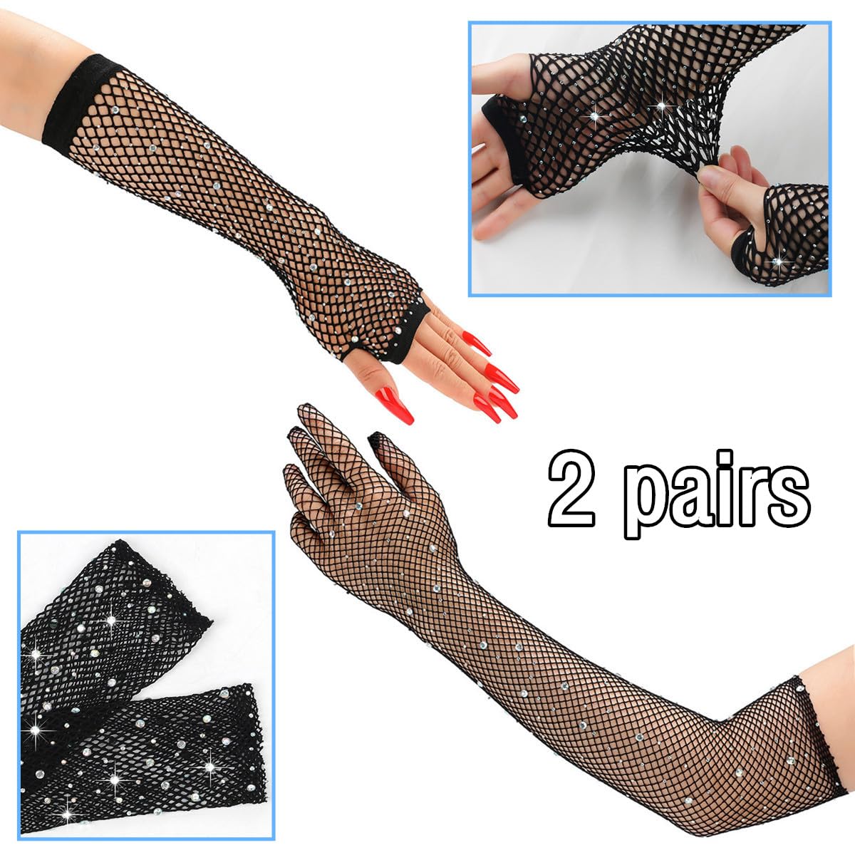 TouKingda Women's Rhinestones Fishnet Gloves - Image 4