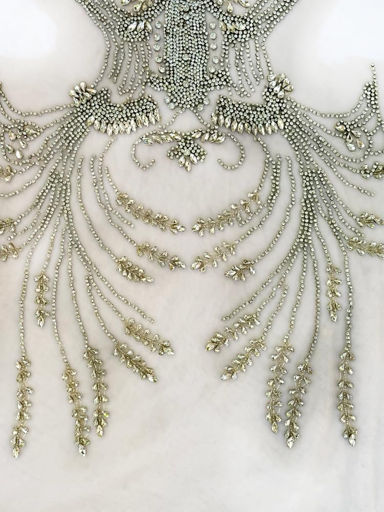 Beaded Rhinestones Bodice Applique for Dresses – Waist Cinching Corset Applique,Sparkling Full Front Bridal Gown Embellishment, DIY Bridal Waist for Slimming Silhouette (Silver-F)