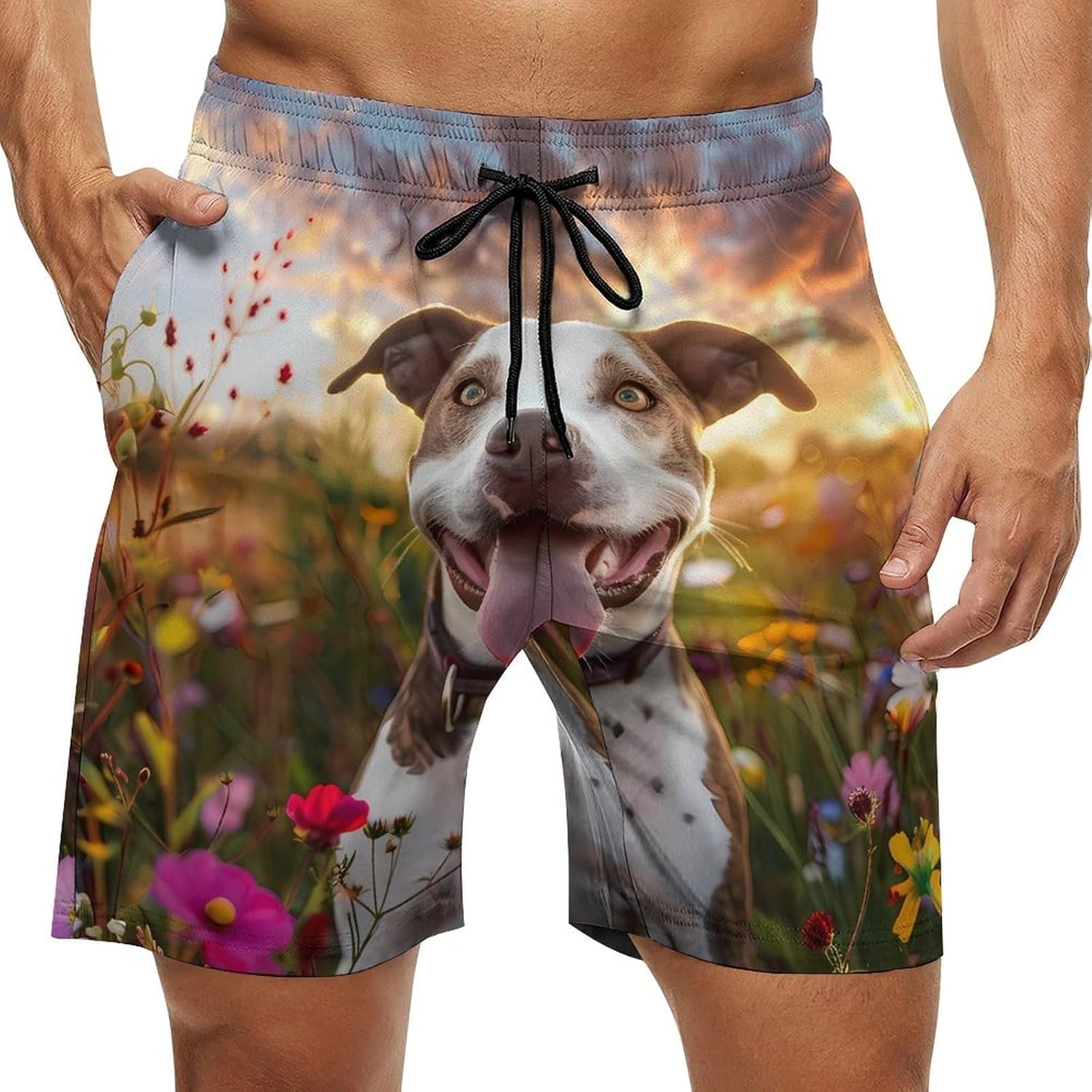 Pit-Bull Dog Flowers Casual Men's Swim Trunks Novelty Summer Beach Shorts Swimwear with Pocket