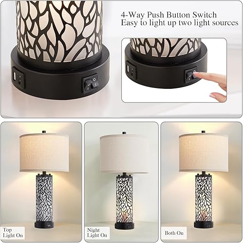 Miniatura 3 de RORIANO Juego de 2 lámparas de mesa modernas para sala de estar con 2 puertos de carga USB, luz nocturna de vidrio esmerilado blanco para