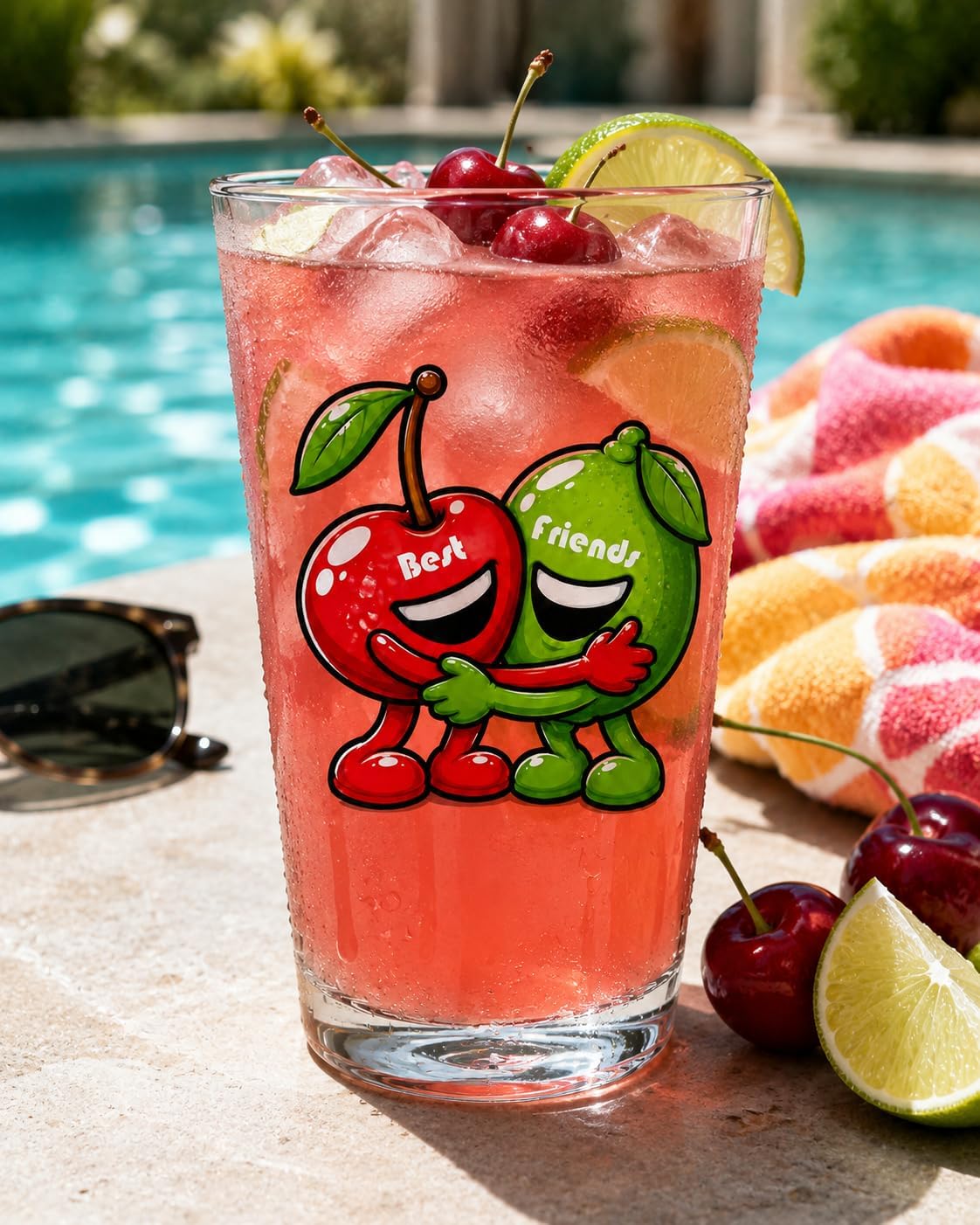 Hat Shark Best Friends Mixed Drink Fruits Cartoon Pint Glass 16 oz, 100% Dishwasher Safe (Cherry Lime - Cherry Limeade)