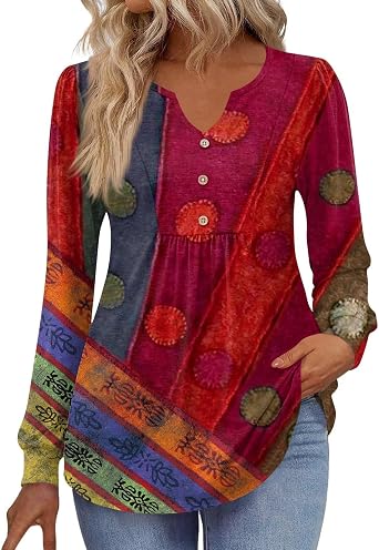 Long Sleeve Shirts for Women Pleated V Neck T-Shirts Button Down Tunic Tops Casual Dressy Blouses Loose Fall Tees